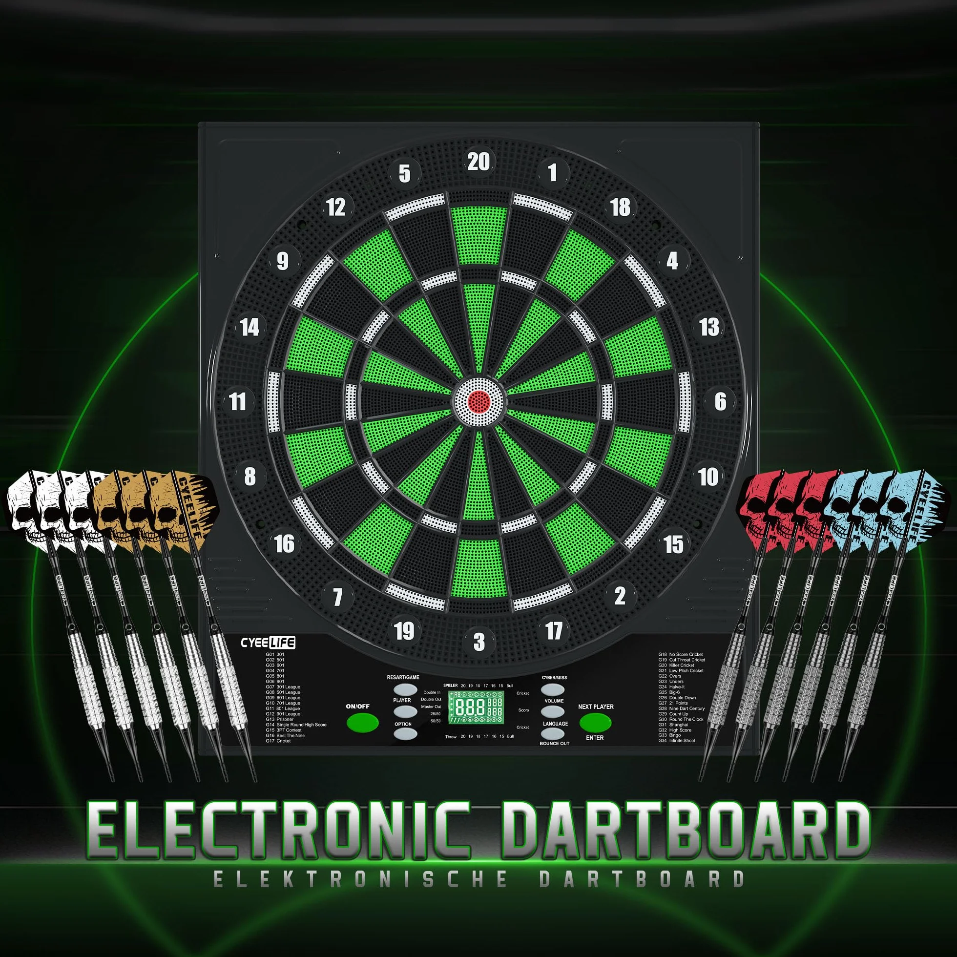 CyeeLife Tavola da Freccette Elettronica Dartboard 12 Frecce 50 Punte 24 Voli Accessori 1-8 Giocatori