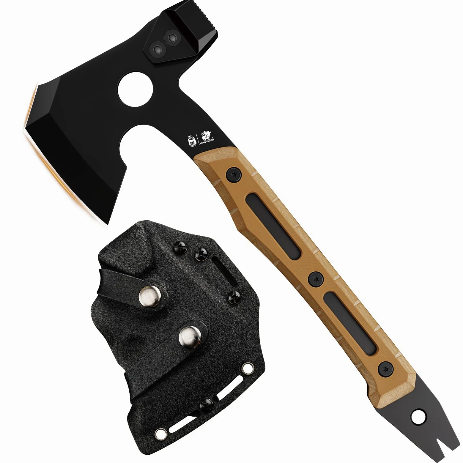 HX OUTDOORS Accetta Multifunzionale, Accetta Tattica da Sopravvivenza con Rivestimento in Titanio Nero per Campeggio e Bushcraft, Dotata di Martello e Estrattore per Chiodi (Marrone)