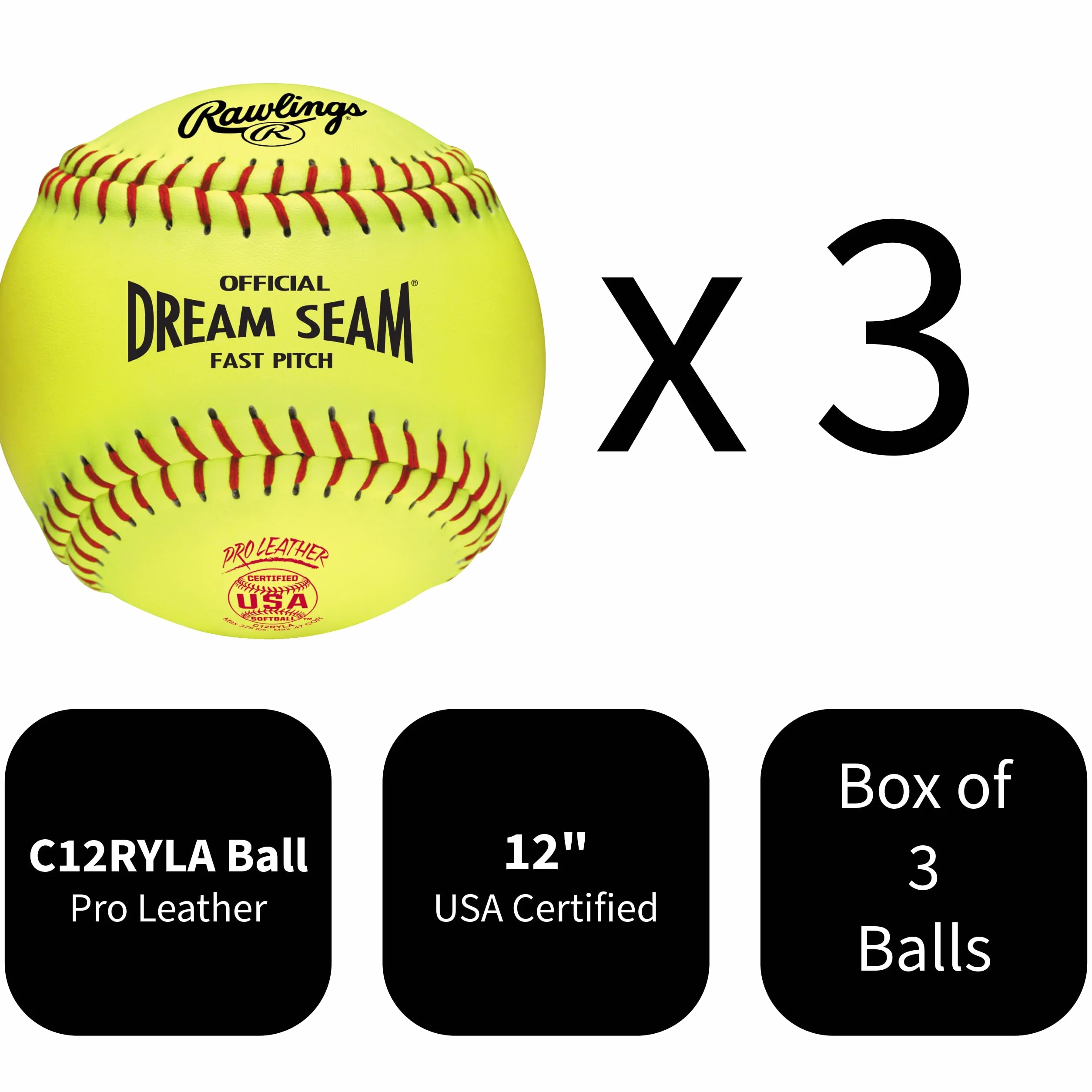 Rawlings Palline da softball ufficiali USA Pro Leather Dream Seam Fastpitch | USA/ASA | C12RYLA | 30,5 cm | 3 pezzi