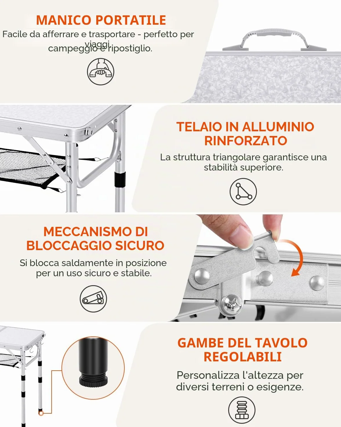 Sportneer Pieghevole Tavolino da Campeggio 60×40 cm Regolabile in Altezza 4 Altezze Portatile Bianco