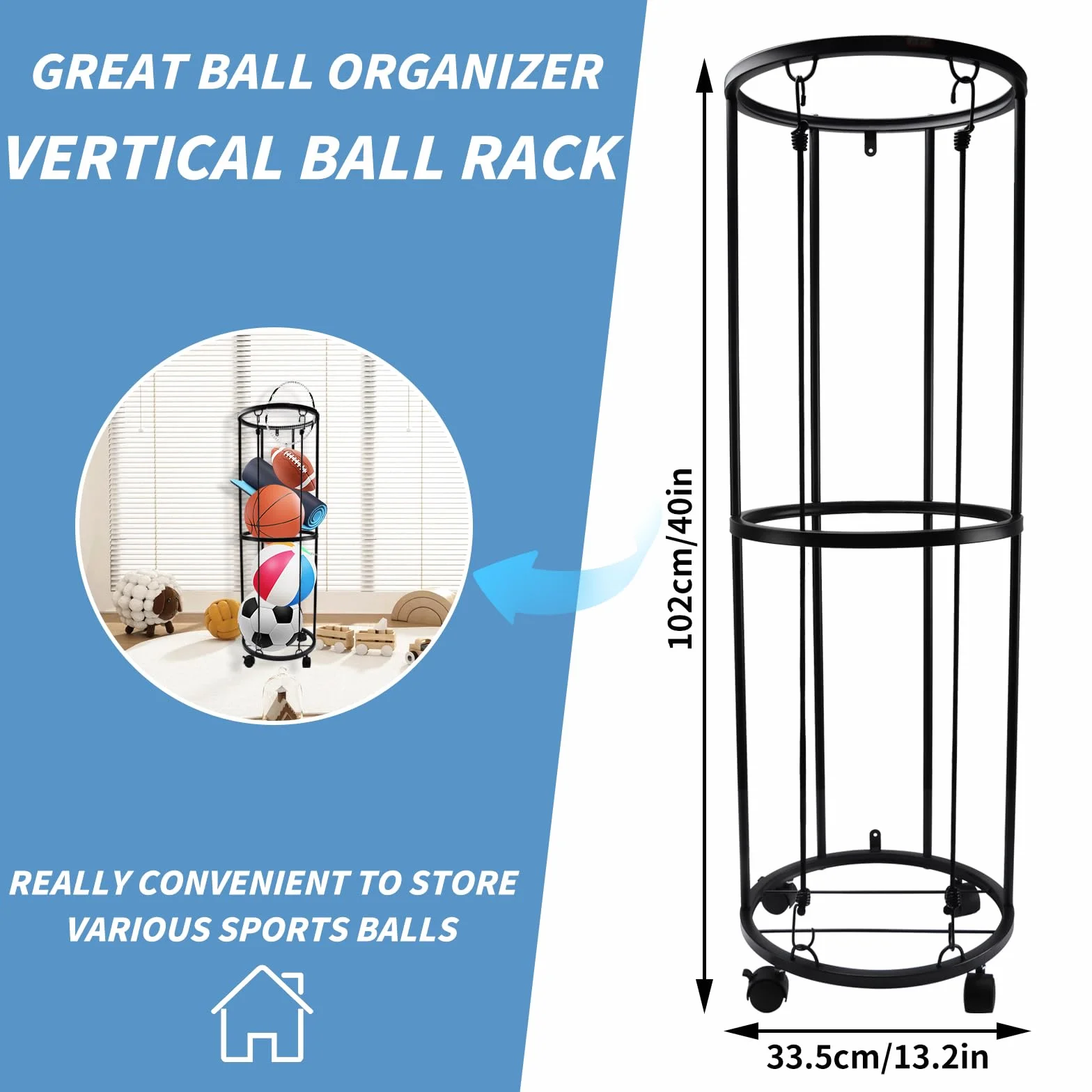 Rastrelliera da Basket Porta Palloni da Calcio con Ruote Acciaio Stoccaggio Attrezzature Sportive per Garage