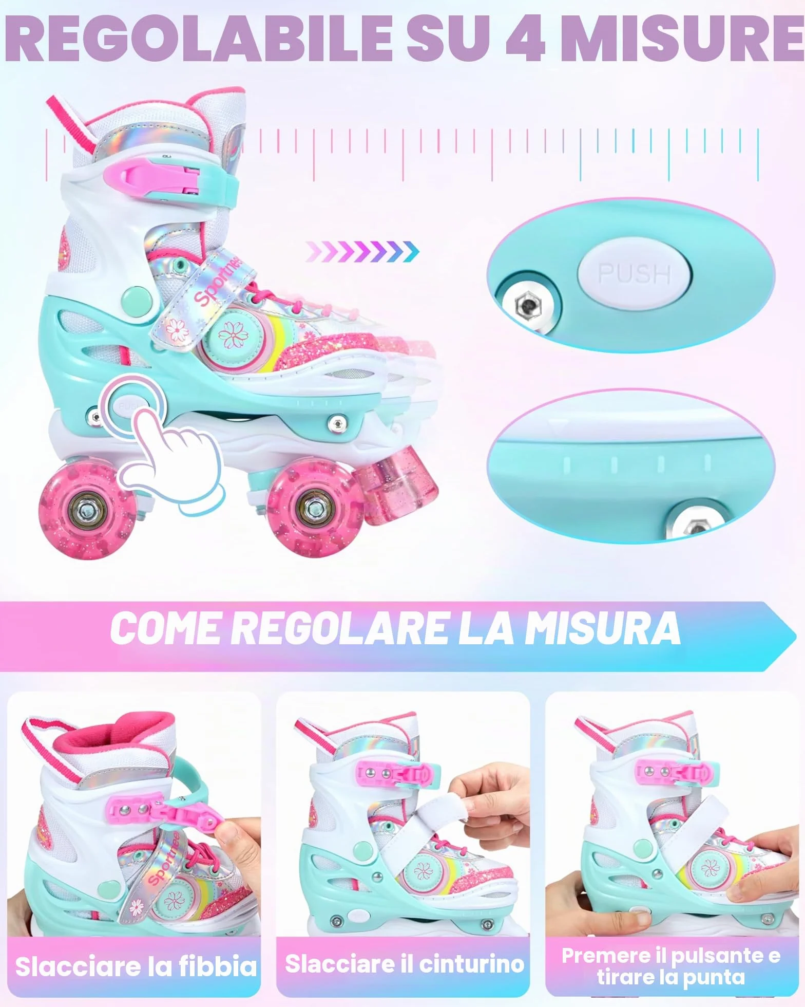 Pattini a rotelle per bambine regolabili 4 misure con 8 ruote LED illuminate