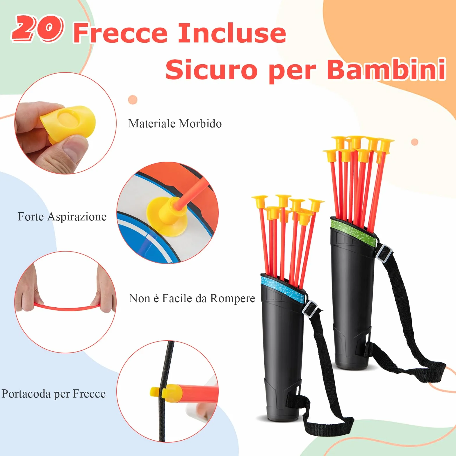 GYMAX Set di 2 Archi e Frecce a LED per Bambini con 20 Frecce a Ventosa, 2 Faretre e Bersaglio