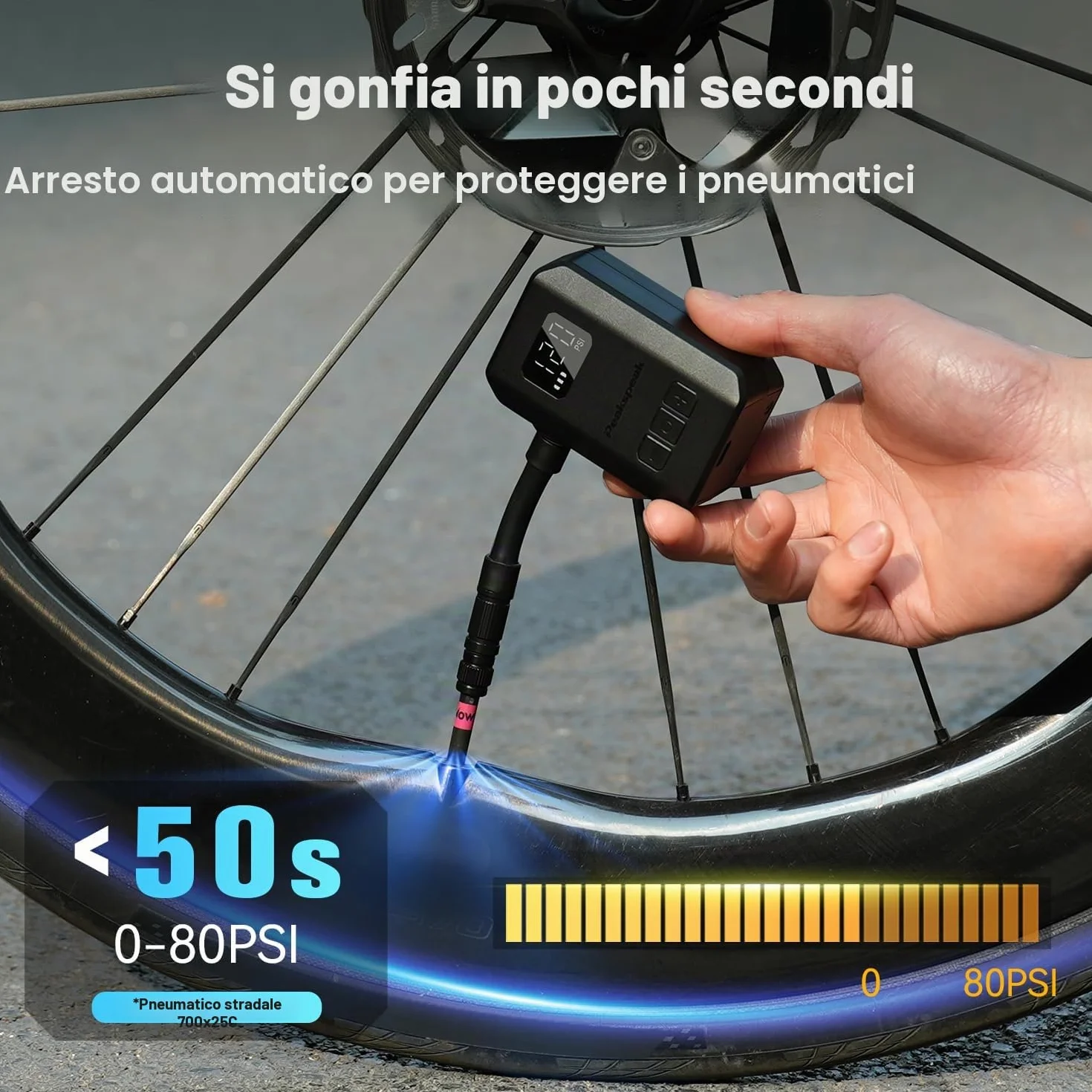 Peakspeak Mini Pompa Elettrica Bici AS260PRO 120 PSI ricaricabile USB-C con manometro e arresto automatico