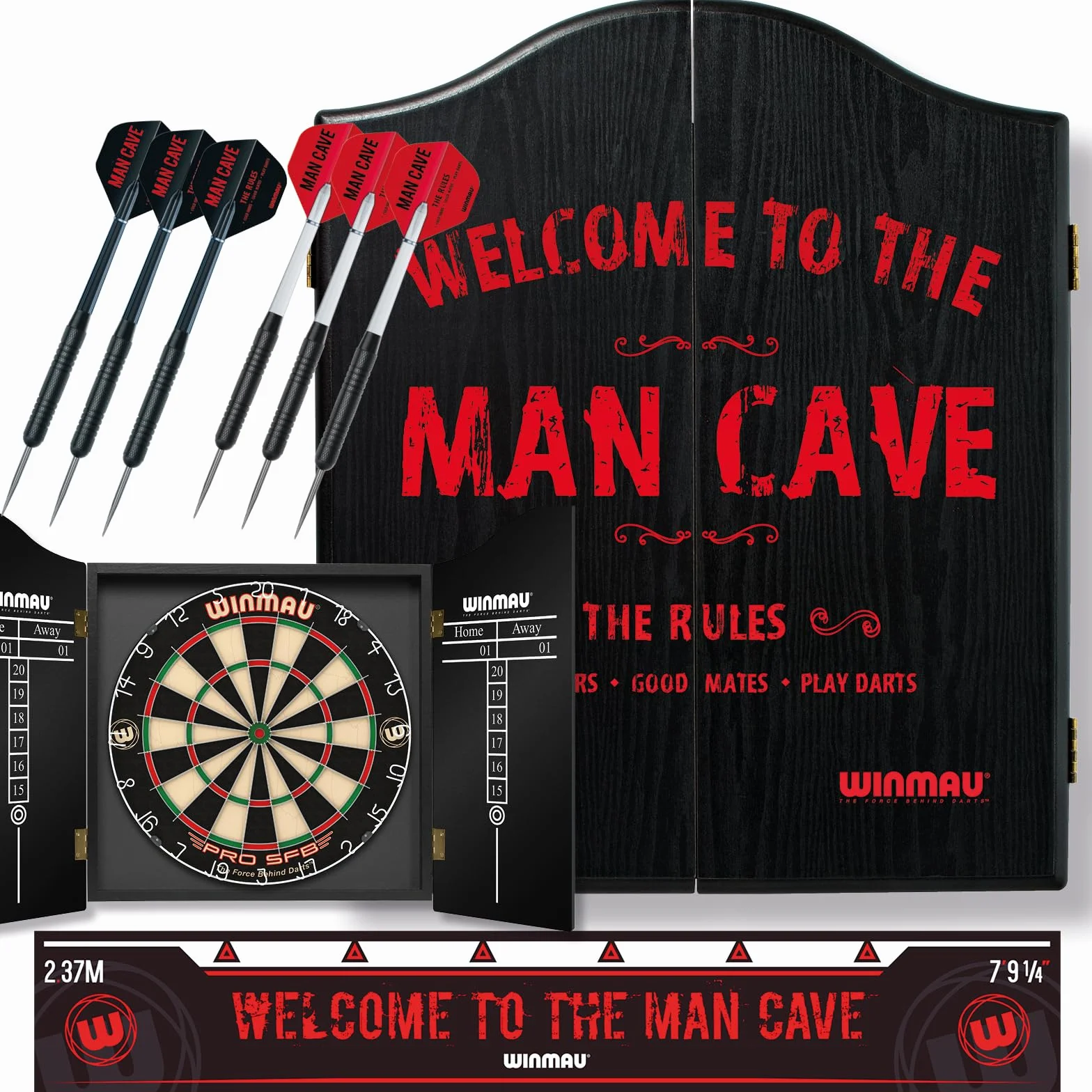 Winmau Man Cave - Set regalo per freccette con bersaglio, freccette, frecce e linea di lancio