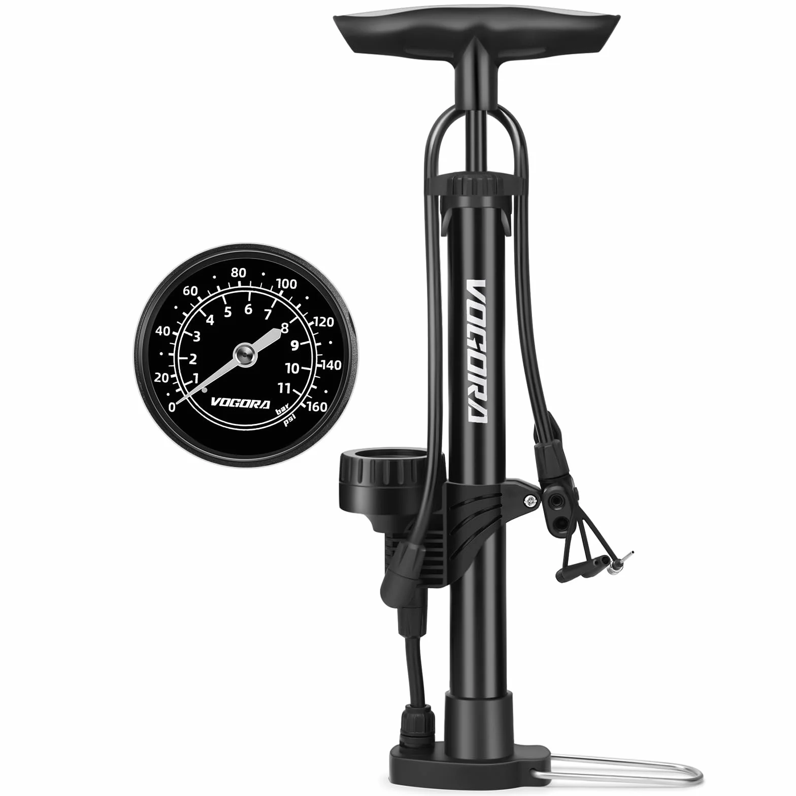 VOGORA Pompa per Bicicletta con Manometro, Valvola Presta e Schrader, Pompa a Pedale per Pneumatici Auto, MTB e Palloni