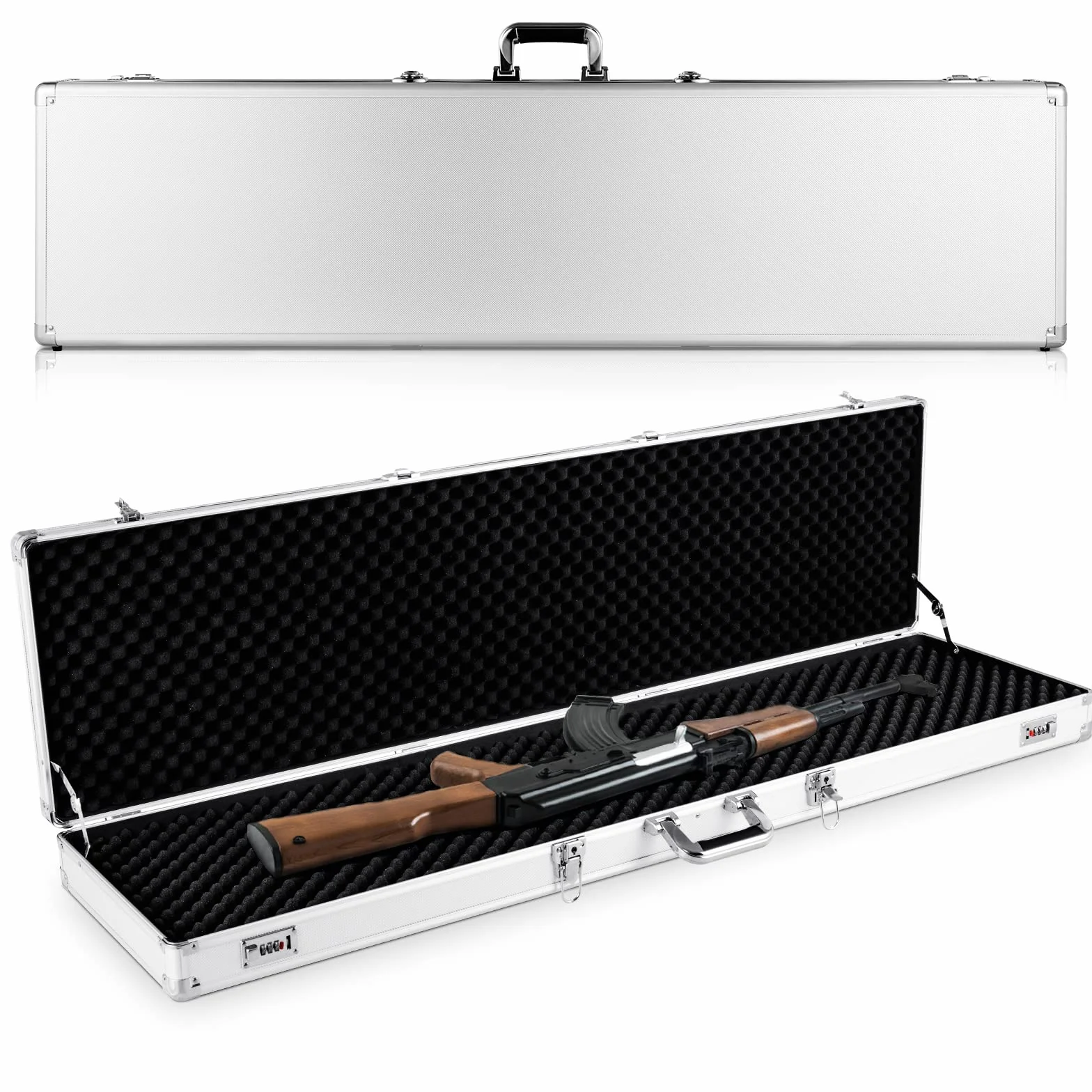 GYMAX Custodia Dura per Fucili e Pistole, Valigetta di Trasporto del Fucile con Maniglia Comoda, Custodia per Fucili in Alluminio con Fodera Interna di Spugna, 134 x 35 x 12 cm (Argento)