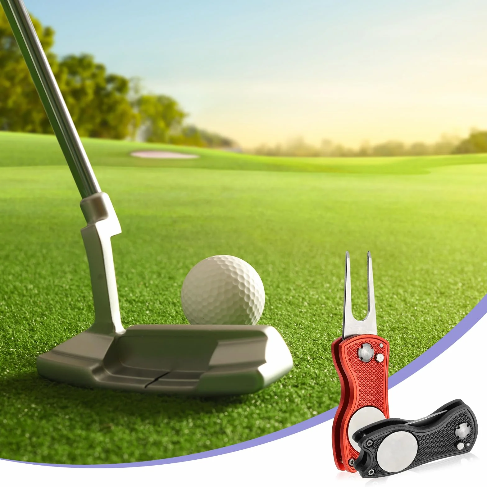PATIKIL Golf Divot Repair Tool Pieghevole in Metallo con Marcaballa Magnetica Forchetta Acciaio Inossidabile Argento