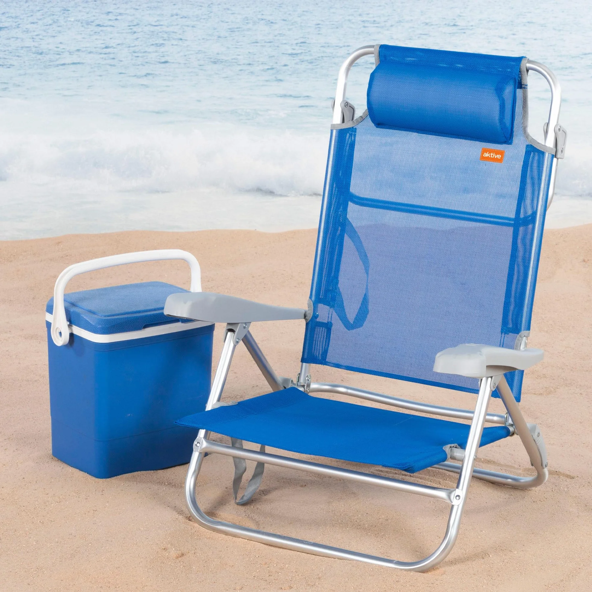 AKTIVE Sedia da spiaggia pieghevole 8 posizioni blu 48x49x82 cm cuscino imbottito 110 kg