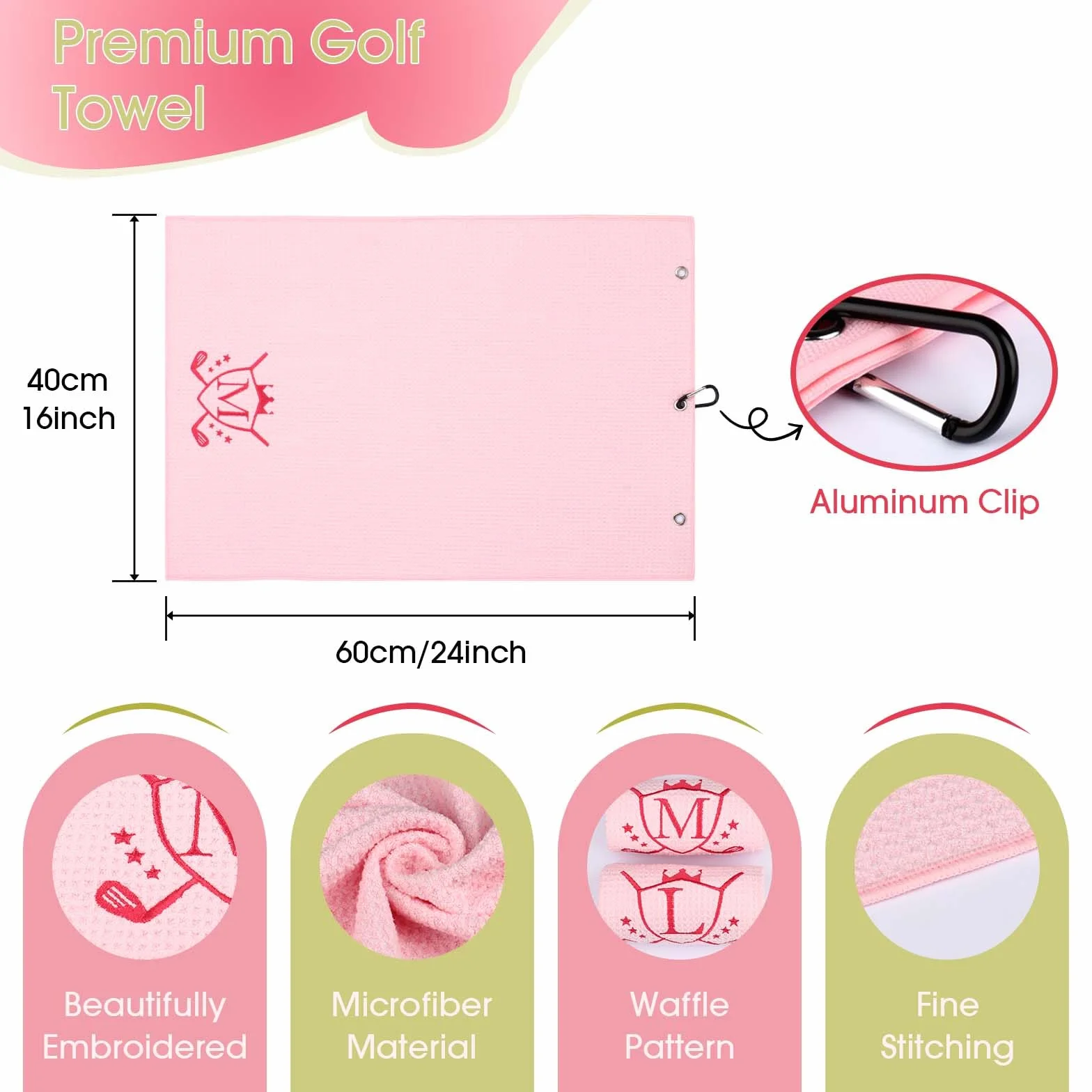 Asciugamano da golf in microfibra 40,6 x 61 cm con clip, rosa, iniziale E
