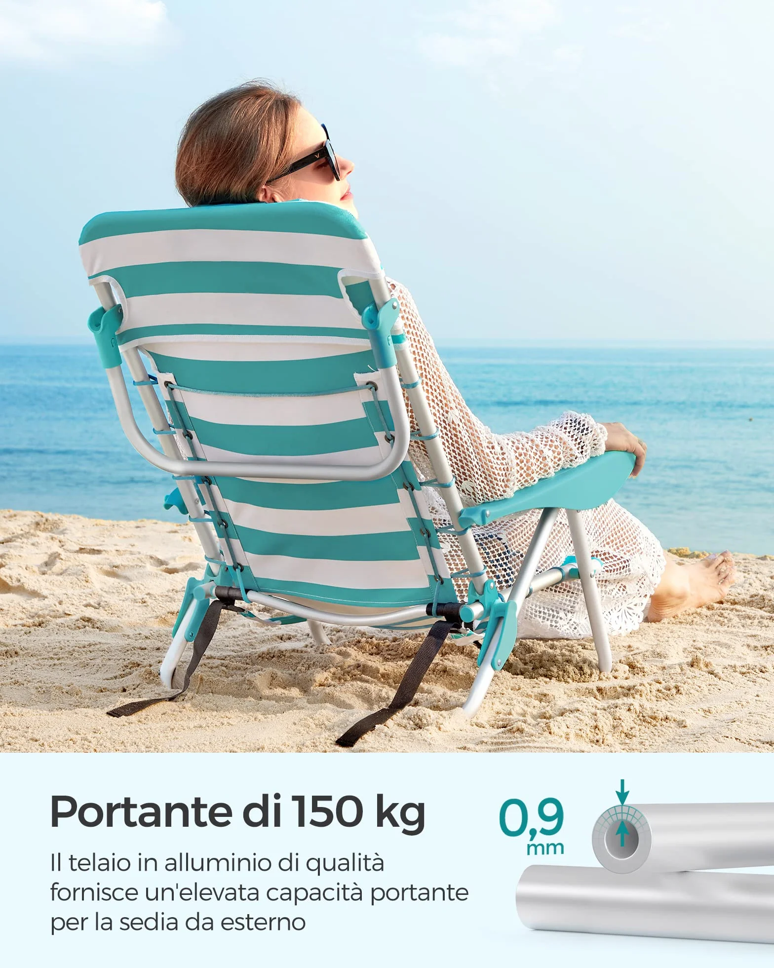 SONGMICS Sedia da spiaggia, sedia da campeggio pieghevole, con tracolla, schienale regolabile, poggiatesta, bracciolo, 2 tasche laterali, verde e bianco GCB62JW