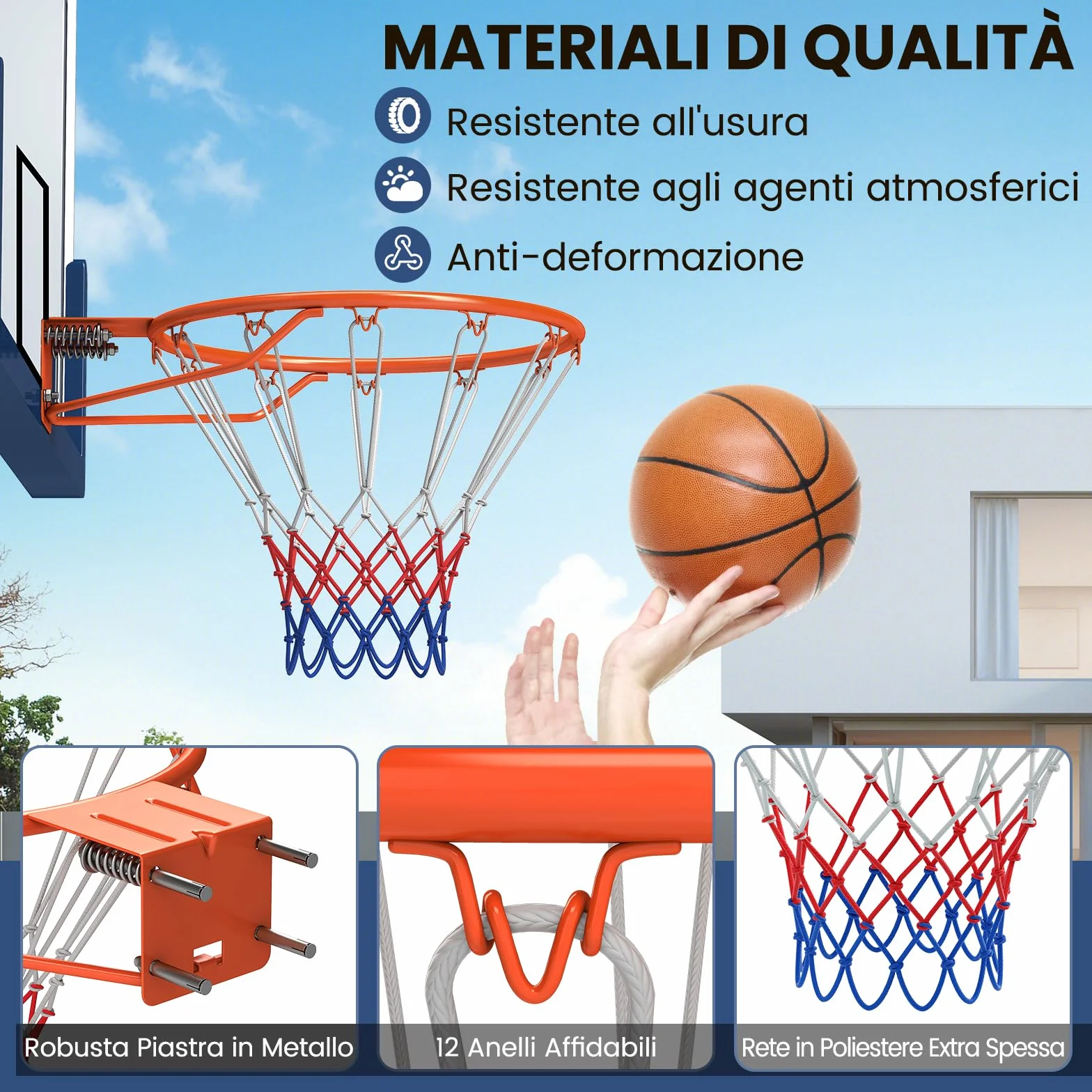 COSTWAY Canestro da Basket a Parete 45 cm, Anello Pallacanestro Muro Doppia Molla, Rete Resistente