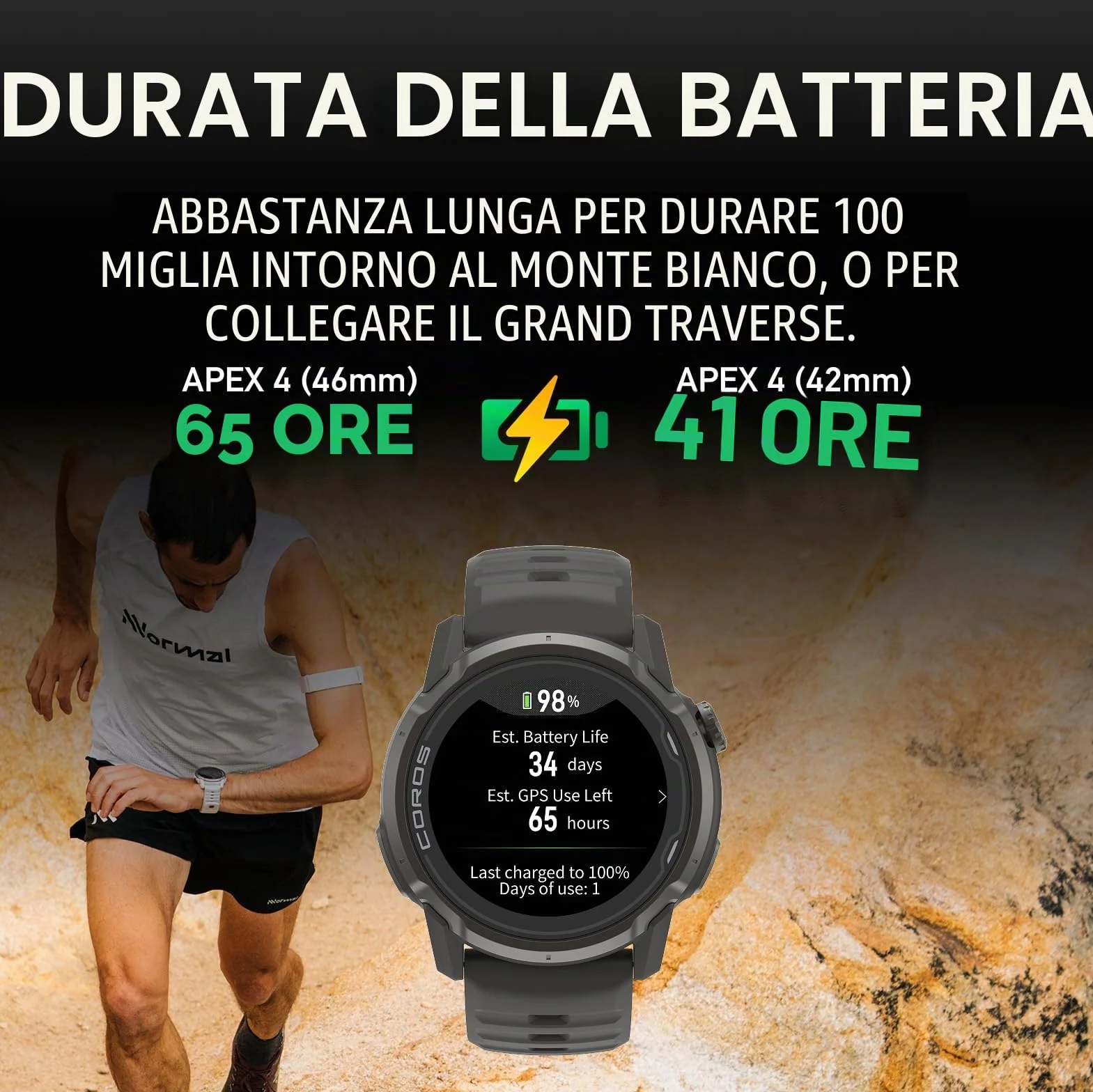 COROS APEX 4 (42 mm) Orologio GPS, 1,2" touchscreen MIP, mappe globali con navigazione turn-by-turn, durata della batteria di 34 giorni, microfono per registrare note vocali (Nero, 42mm)