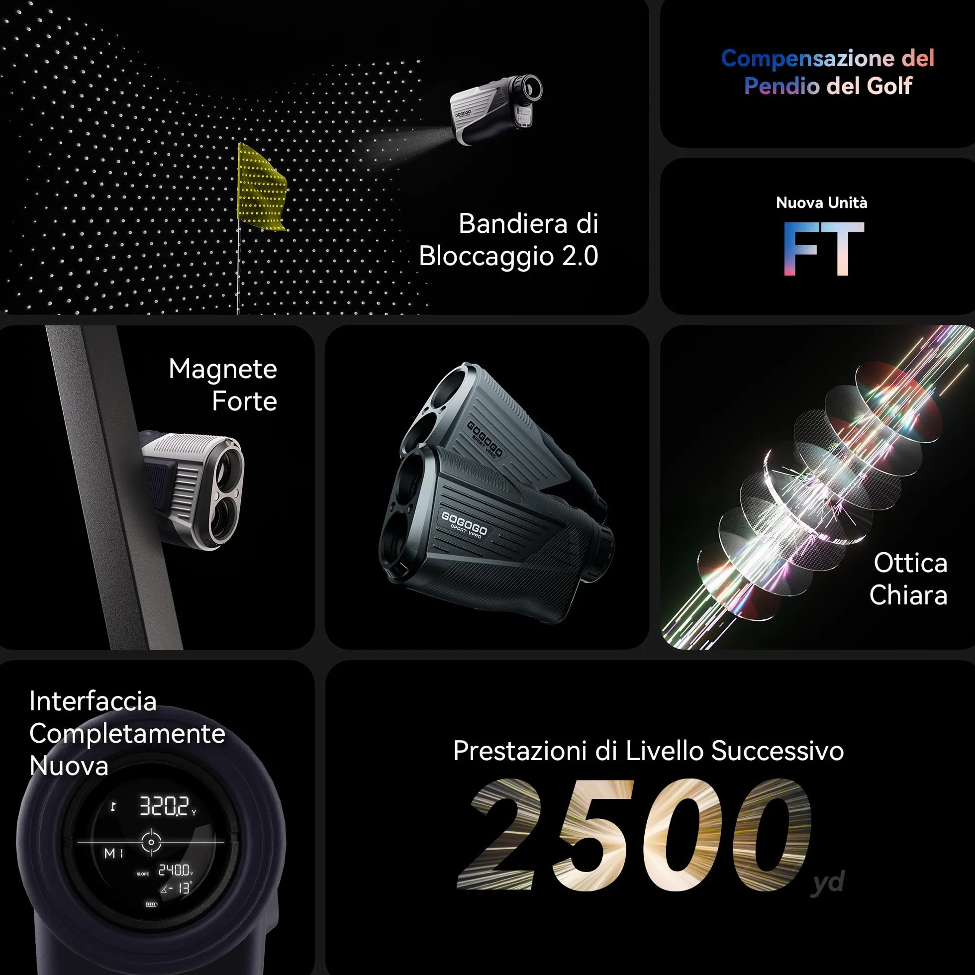 Gogogo Sport Vpro Telemetro Laser Golf Caccia 1372/2286 M/Y/Feet, Range Finder Magnetico Precisione±0.5yd, Blocco della Bandiera e Vibrazione, Pendenza on/off, Modalità di Scansione, Schermo HD