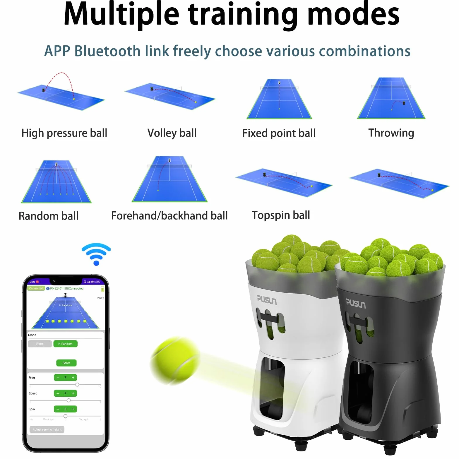 PUSUN PT-MINIPro Automat do piłek tenisowych, lekki, 65 piłek, sterowanie APP, trening