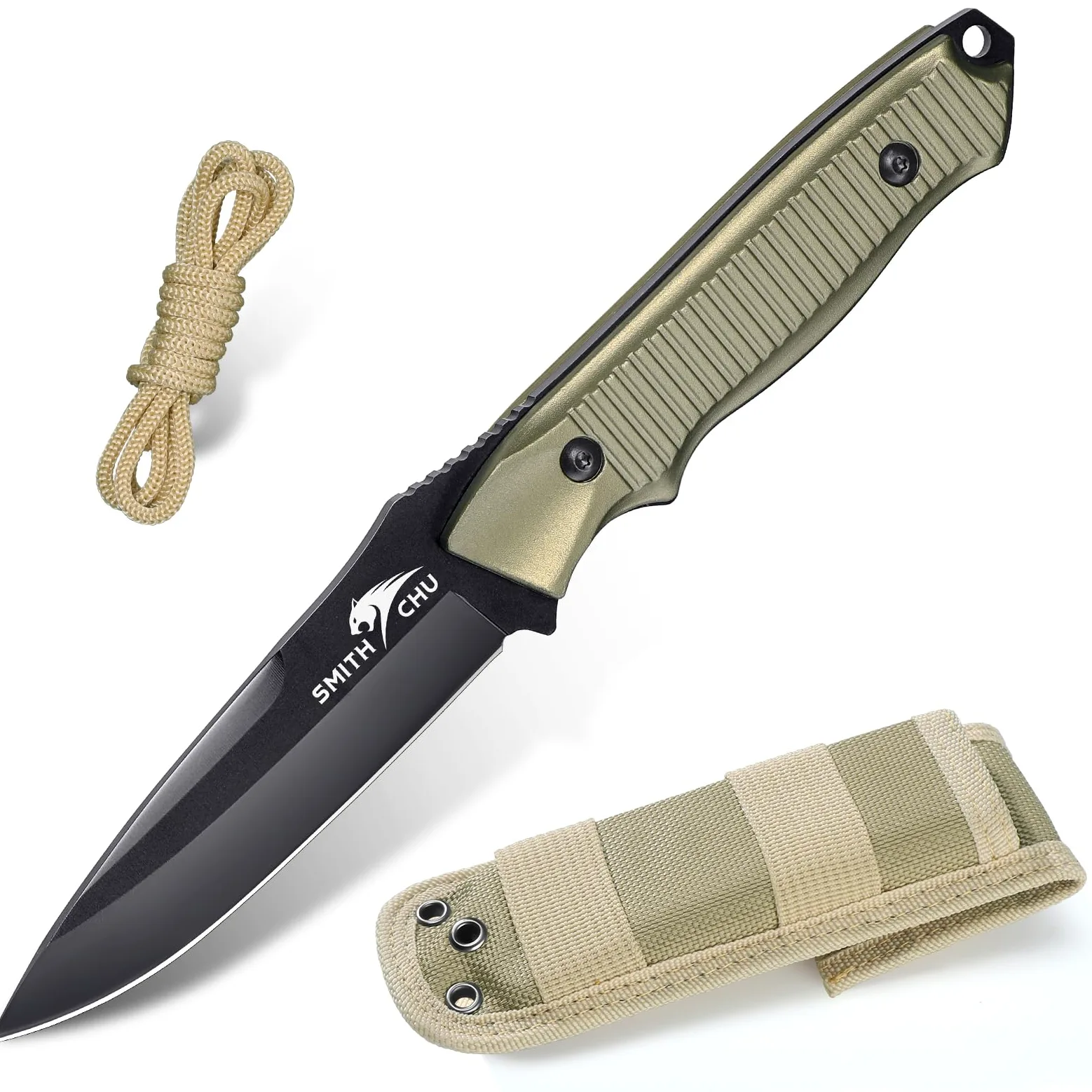 SMITH CHU Coltello da esterno con Paracord Coltello da sopravvivenza con fodero Coltello da caccia Full Tang Lama fissa Manico in lega Regalo per uomo