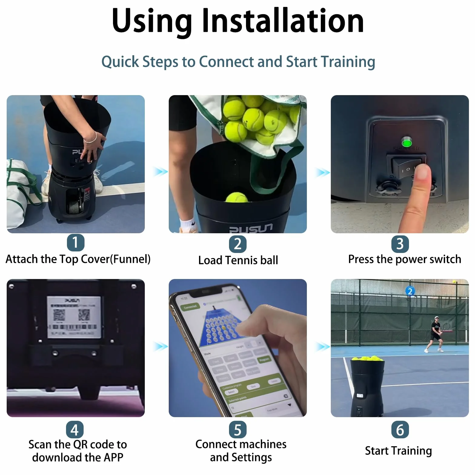PUSUN PT-MINIPro Automat do piłek tenisowych, lekki, 65 piłek, sterowanie APP, trening