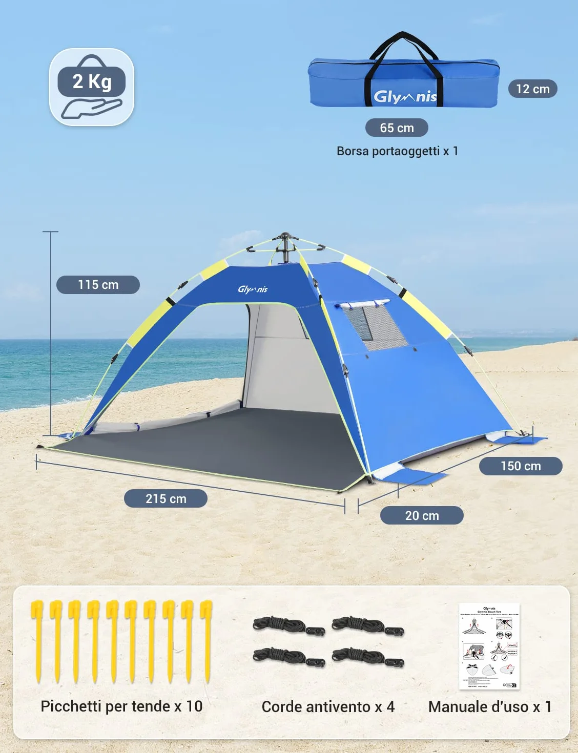 Tenda da Spiaggia Quick-up UPF 50+ 215x150x115cm 3-4 Persone con Finestre e Porte