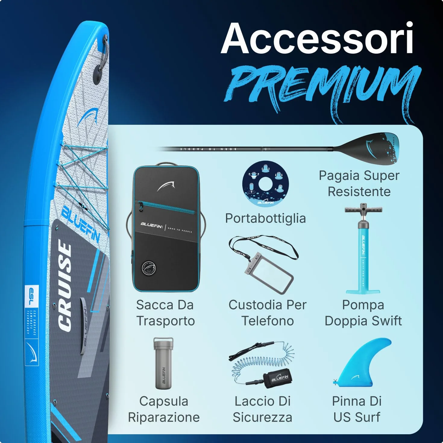 Bluefin Cruise 10'8 Paddleboard gonfiabile Premium Pacchetto Deckpad antiscivolo leggero 6'' spesso Tavola da paddleboard Stand up up Board
