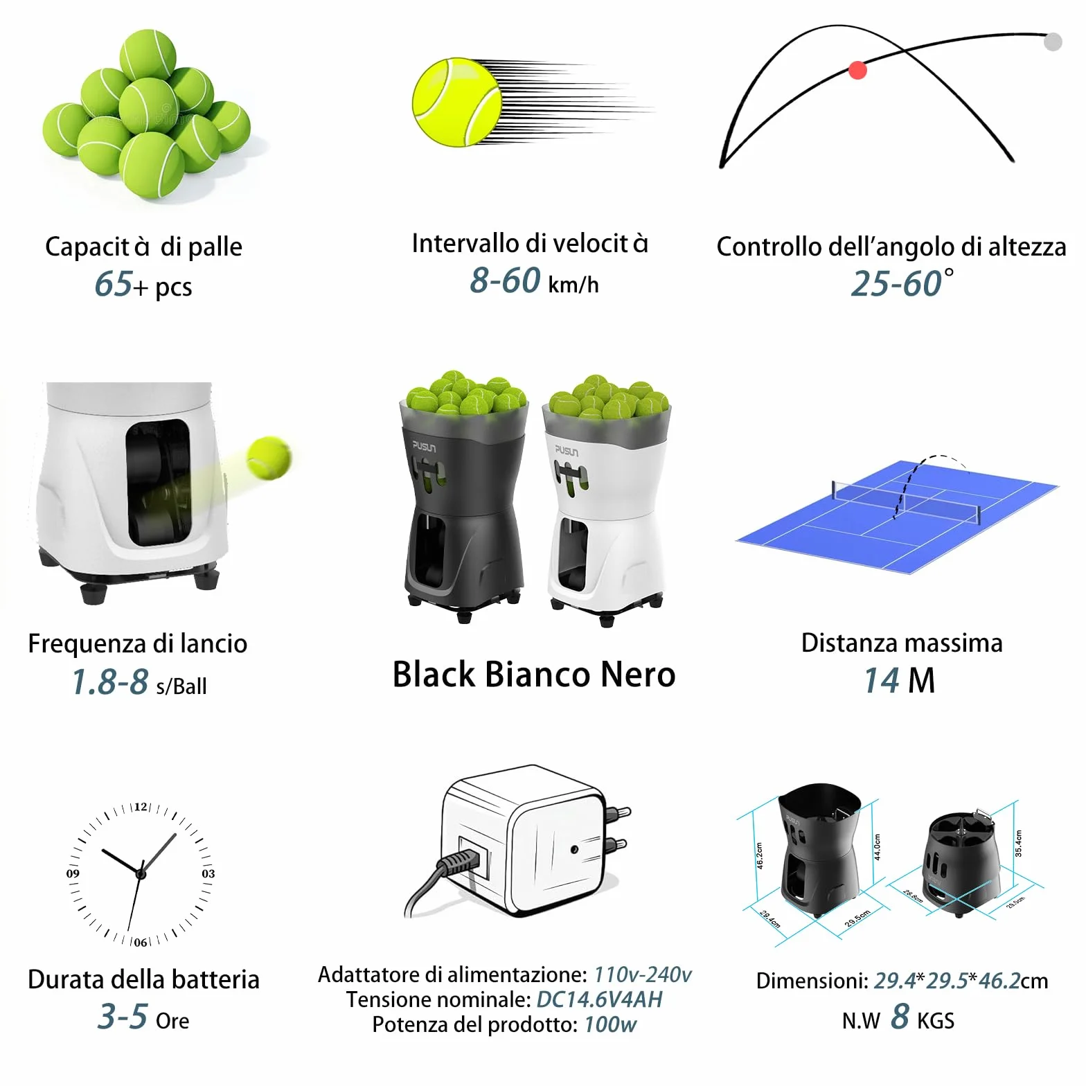 PUSUN PT-Mini PRO Macchina Lanciapalle Tennis Compatta 65+ Palline 8-60 km/h Batteria 3-5 Ore App