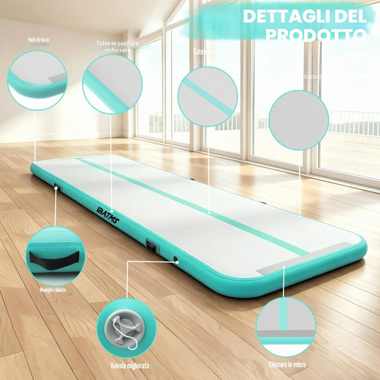 IBATMS Air Track Ginnastica Artistica 3/4/5/6 Metri, Tappeto Ginnastica Artistica da Casa con Pompa Elettrica, Tappetino Gonfiabile per Allenamento Yoga Cheerleading Fitness, 300x100x10cm Verde Menta