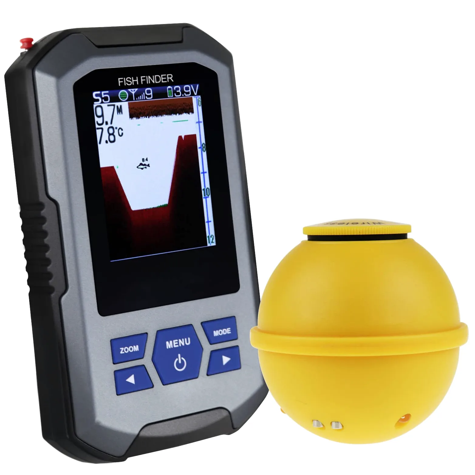 GAIN EXPRESS Cercatore di Pesci Senza Fili Sensore Sonar 125kHz Frequenza 45 Metri / 147 profondità Allarme Funzione e Ampio Display LCD
