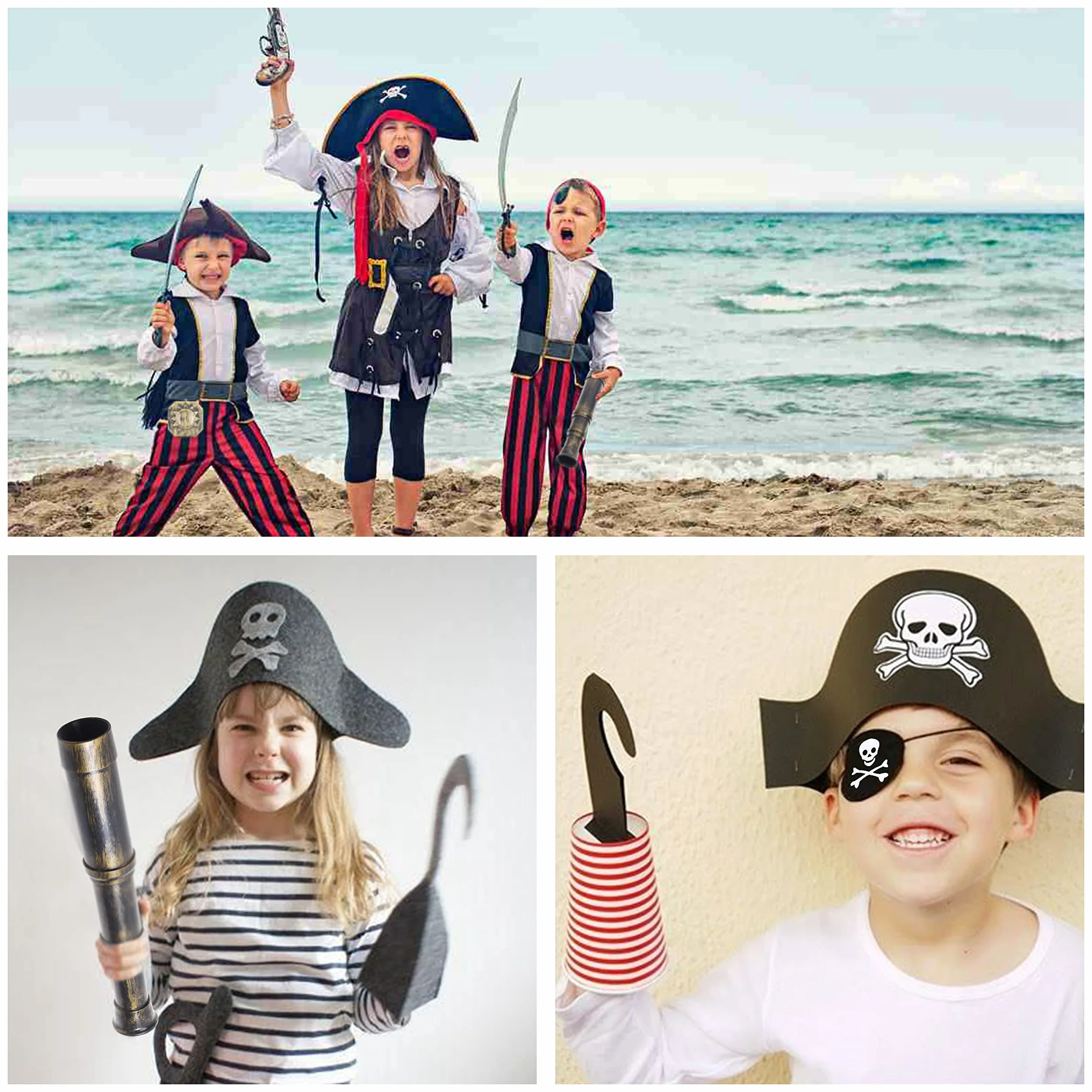 Pirata Cannocchiale Telescopio e Bussola di Scena con Benda sull'Occhio - Accessori per Feste Vintage