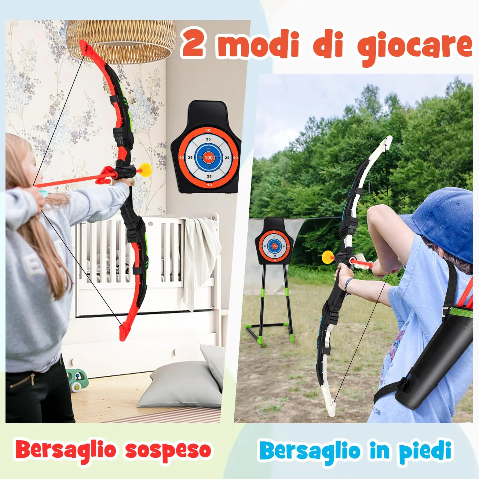 COSTWAY Set di 2 Archi e Frecce LED per Bambini con 20 Frecce a Ventosa