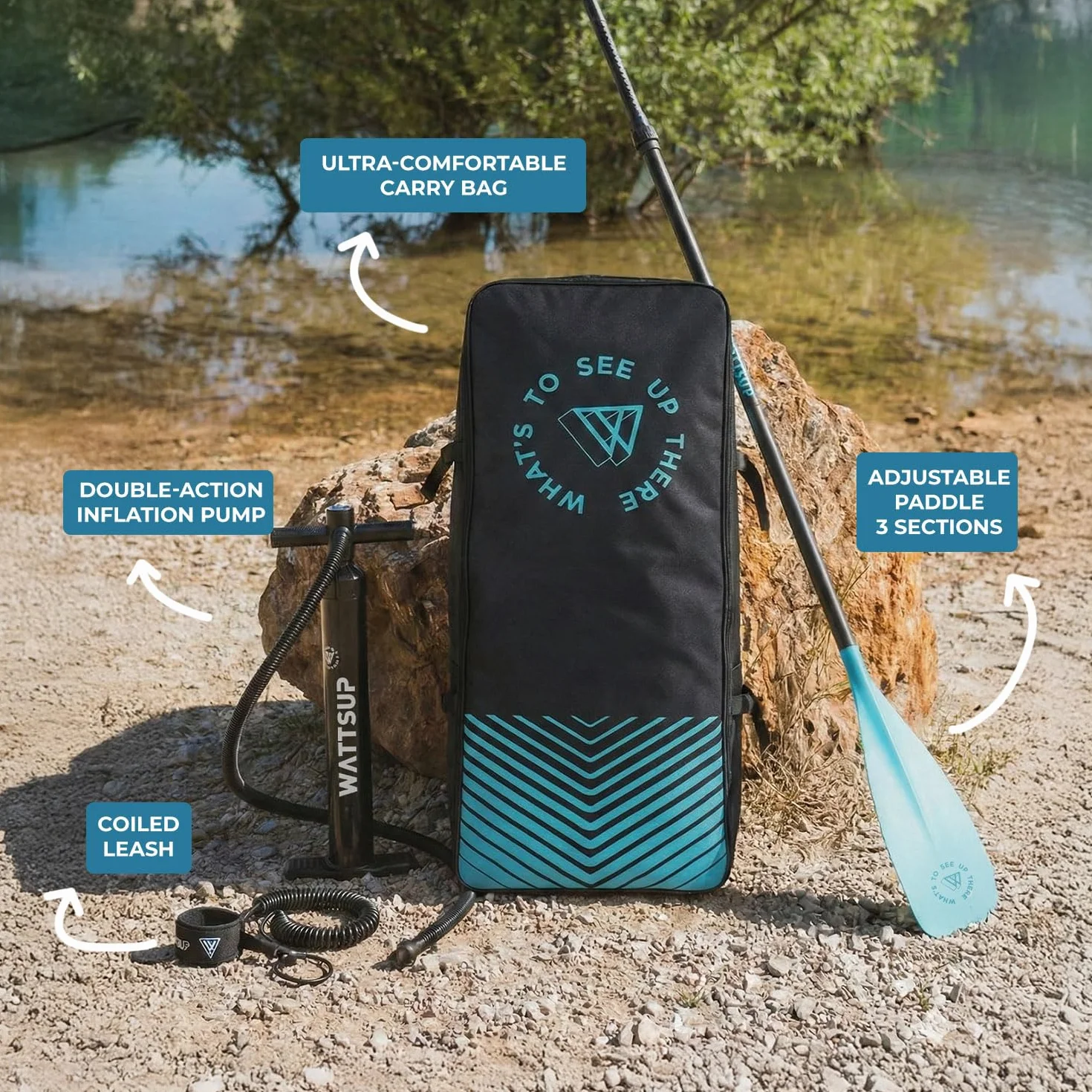 Wattsup - SUP Stand Up Paddle gonfiabile - Gamma First - Dropstitch - Pacchetto completo: Pagaia, Leash, Pompa, Borsa da trasporto