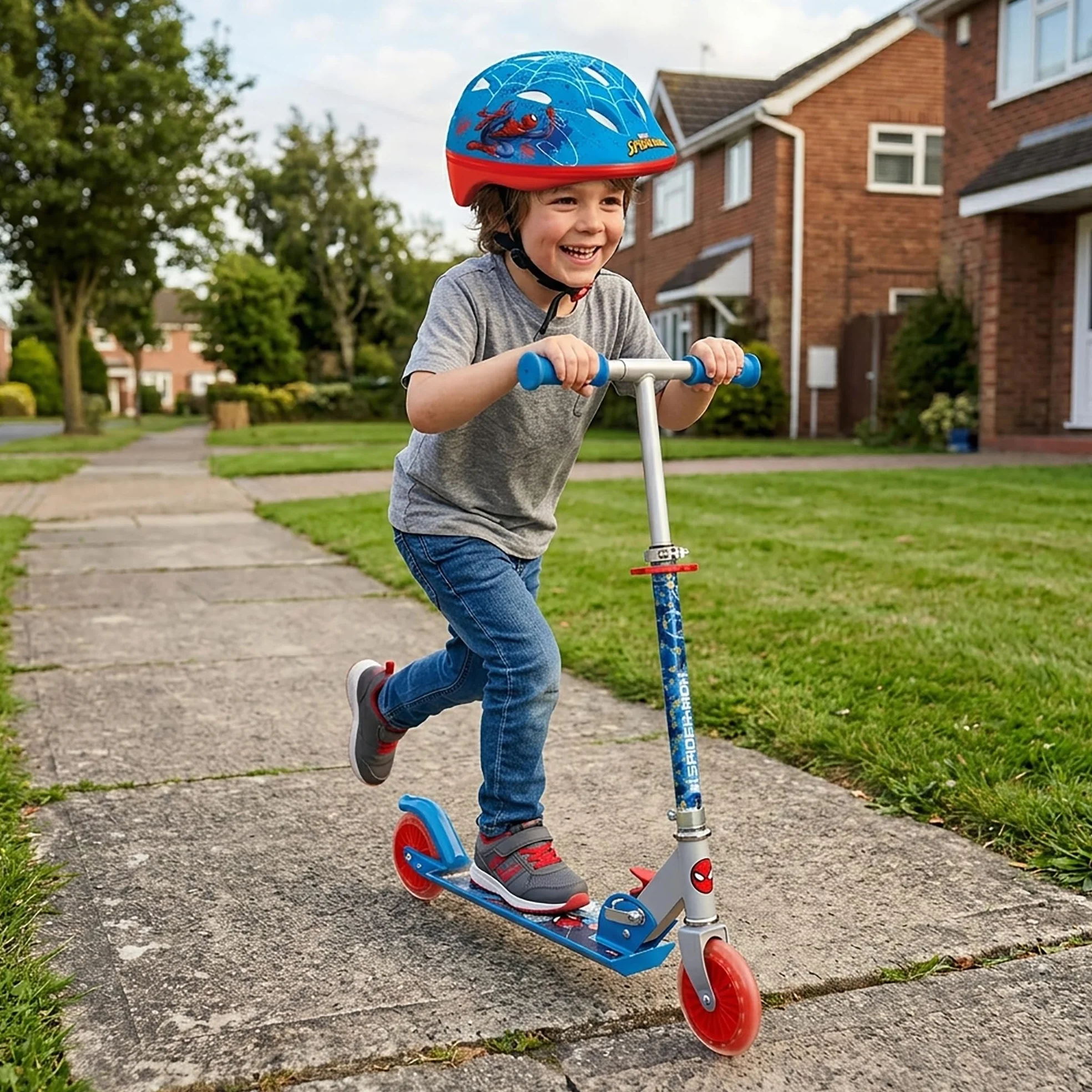 Mondo Toys SPIDER-MAN MARVEL ALU SCOOTER Monopattino 2 ruote pieghevole in alluminio con pedana extra grip e manubrio regolabile per bambini