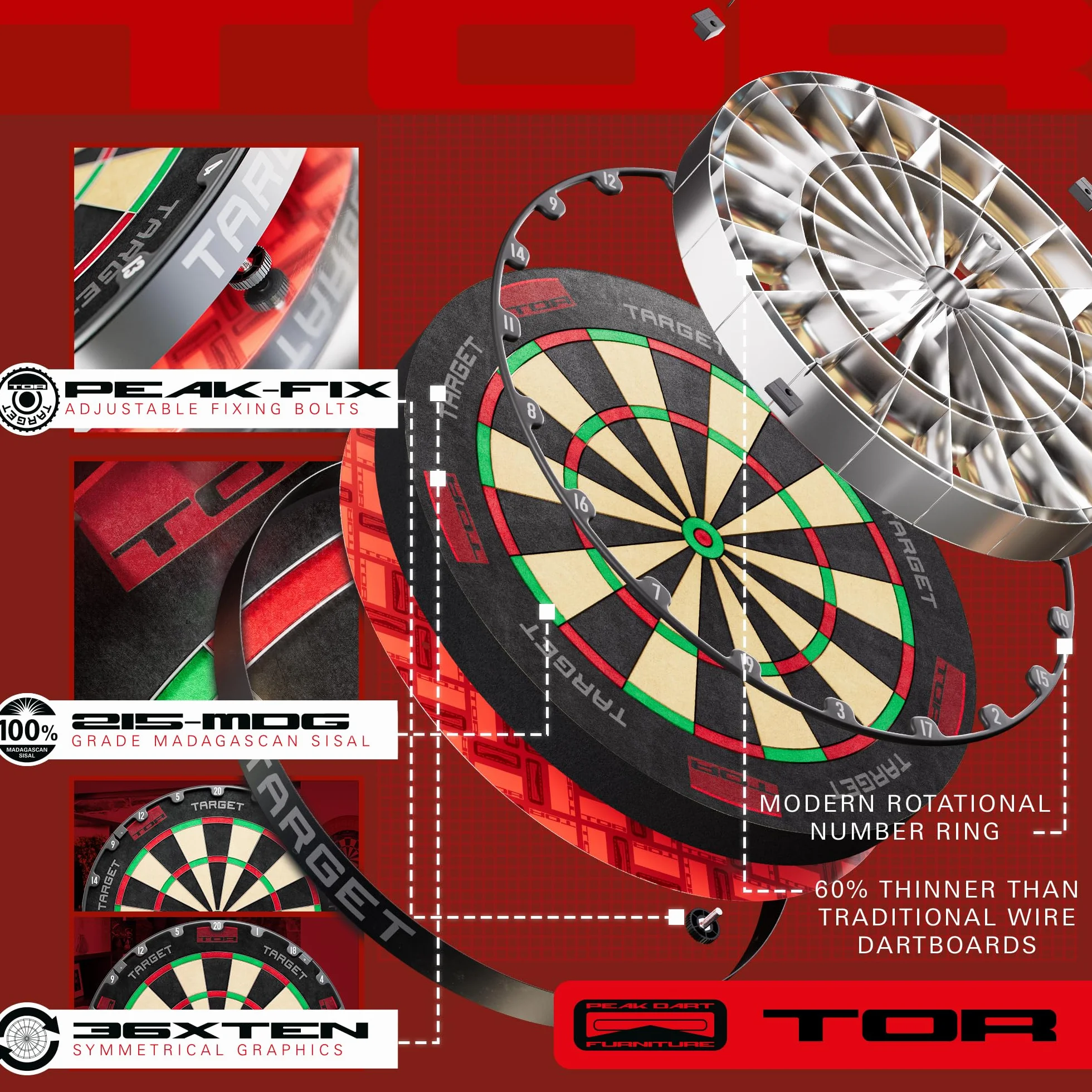 Target Darts TOR Bersaglio Punta in Acciaio Dart Board 360 Gradi LED Luce Ring Standard Competizione Thin Staple-less Wire