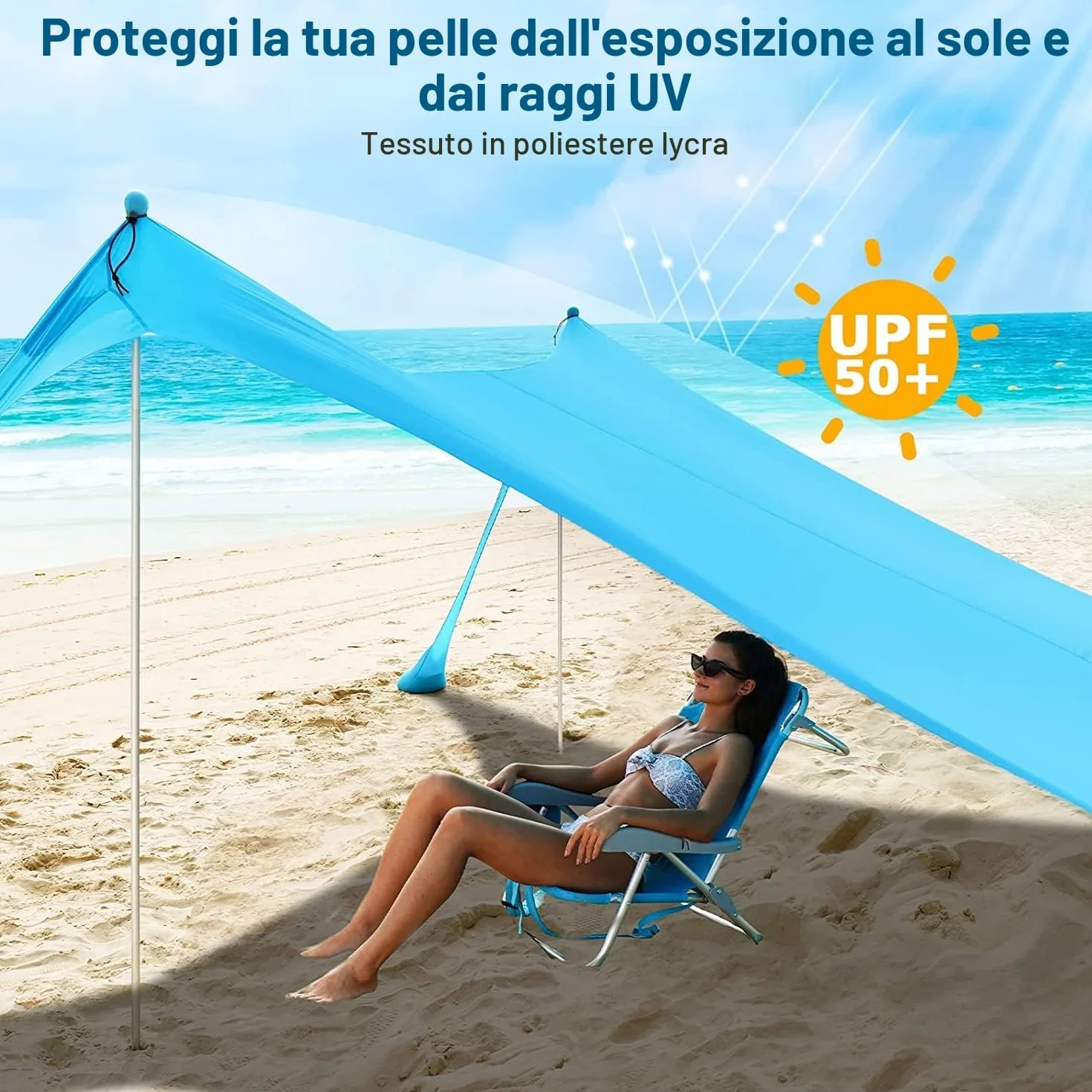 COMMOUDS Tenda da Spiaggia, Parasole 2,1m x 2,1m, Ombrellone Portatile Anti Sole con 4 aste, Facile da Montare e Adatto per Famiglie, Campeggio, Pesca