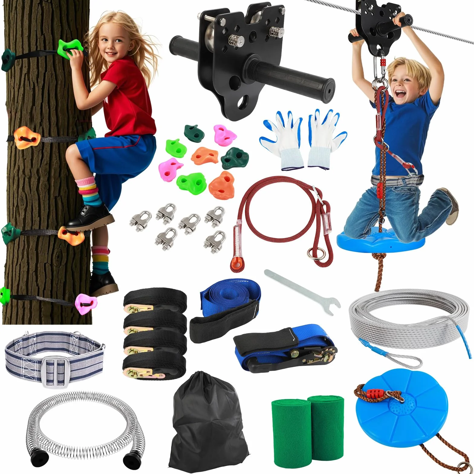 FAHKNS Kit zip line per bambini e adulti 60 m 180 kg Carrello rimovibile sedile ispessito imbracatura sicurezza