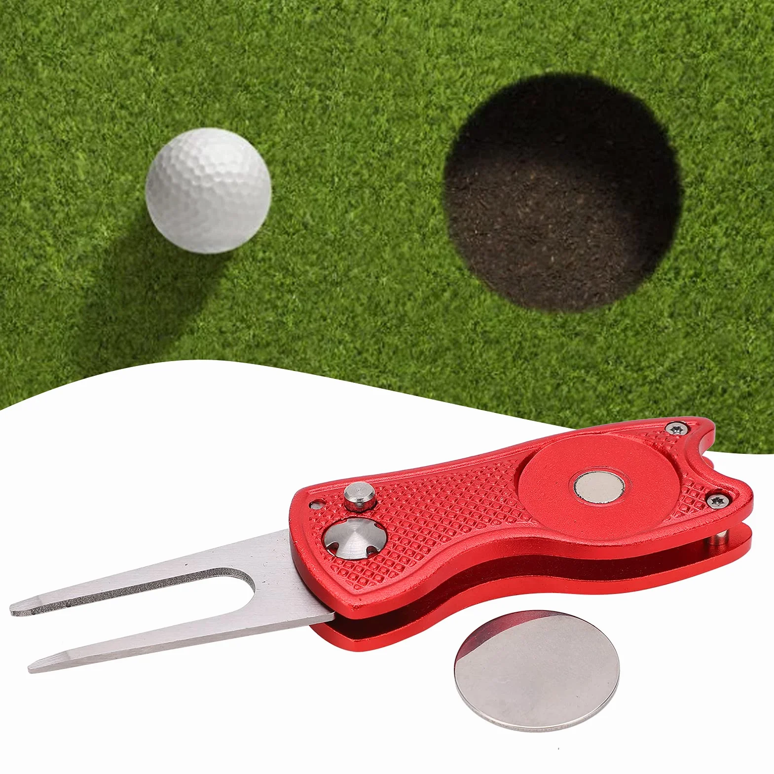 Forchetta da Golf Pieghevole in Acciaio Inossidabile, Strumento di Riparazione Divot Magnetico con Marcapalle, Rosa