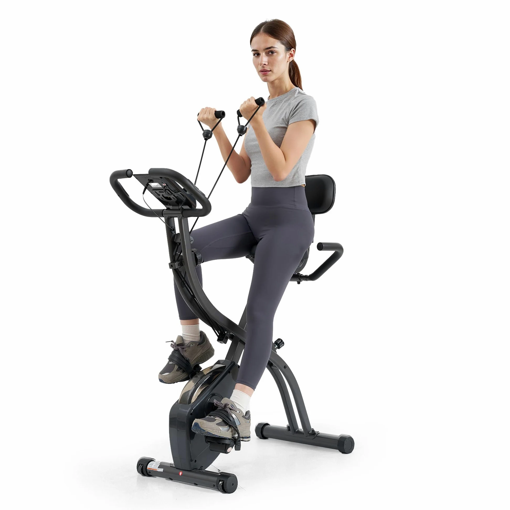 Cyclette pieghevole con resistenza magnetica regolabile a 16 livelli, fasce di resistenza per le braccia, display LCD, schienale, sella ampia, capacità di carico fino a 136 kg