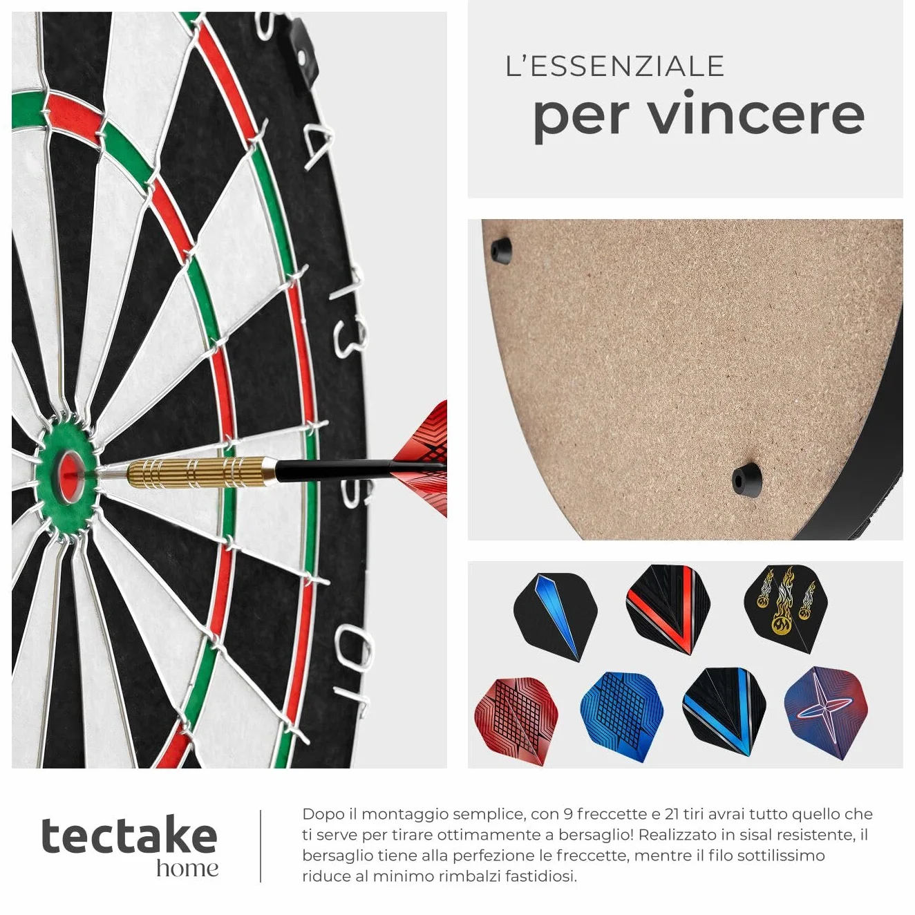 Tectake Bersaglio Freccette Professionali, 9 Frecce da Competizione, 21 Alette, Sisal Autorigenerante, Dart Board