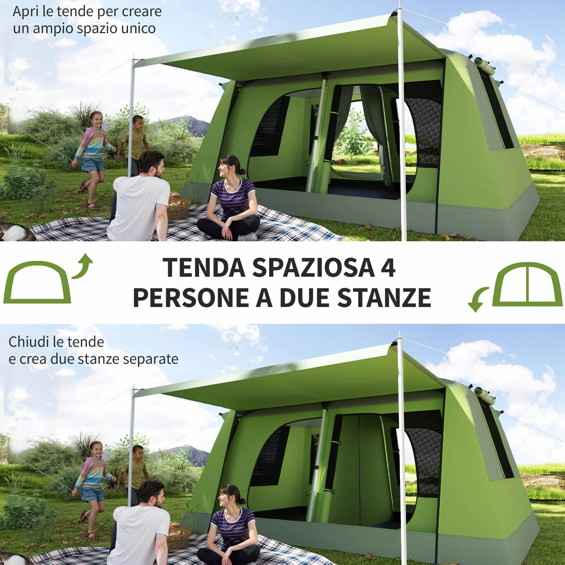 Outsunny Tenda da Campeggio a Tunnel 4 Persone 2 Stanze Impermeabile 3000mm 405x305x225cm Verde