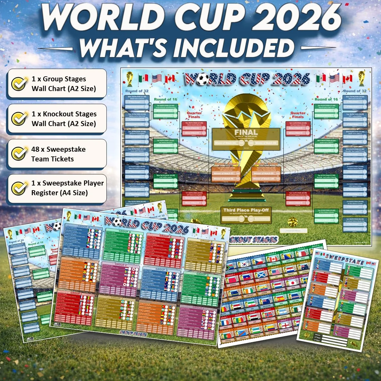 World Cup 2026 Wall Chart & Sweepstake Kit – Calcio Wall Planner z posterem, rejestrem A4 i 48 biletami