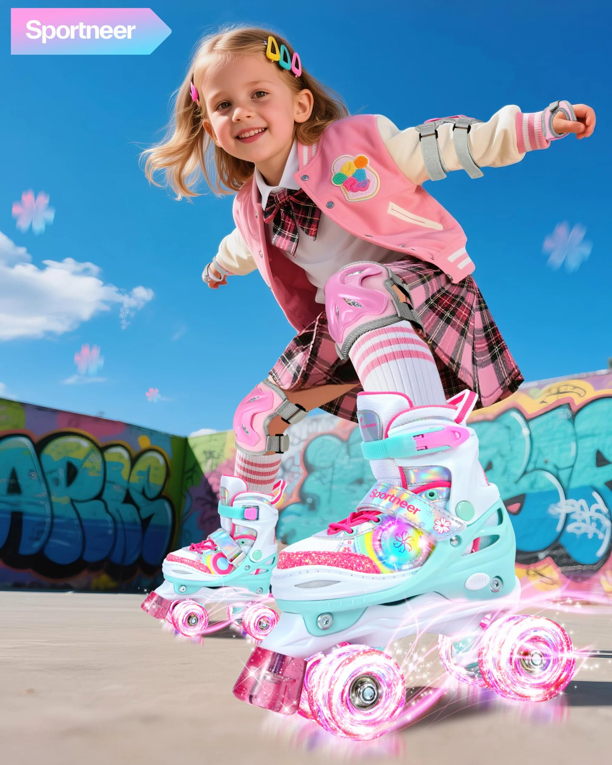 Pattini a rotelle per bambine regolabili 4 misure con 8 ruote LED illuminate
