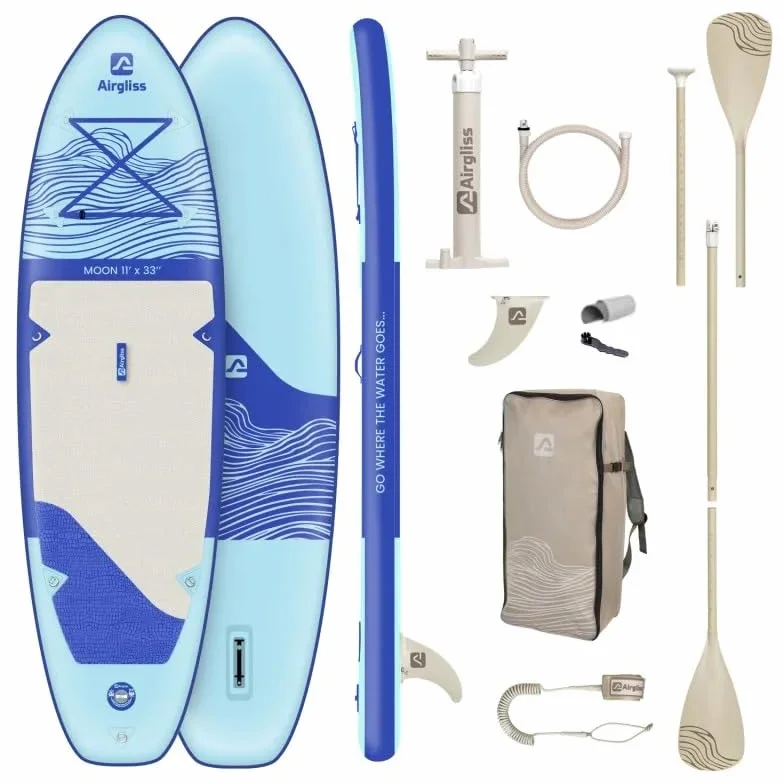 Paddle Gonfiabile AIRGLISS Moon 11.0 FINO A 2 Persone (Max. 170kg) | Adulto E Bambino | Stabile E Di Qualite | Completo di Tutti Gli Accessori: PAGAIA, GONFIORE, Borsa, ALLERON, Leash