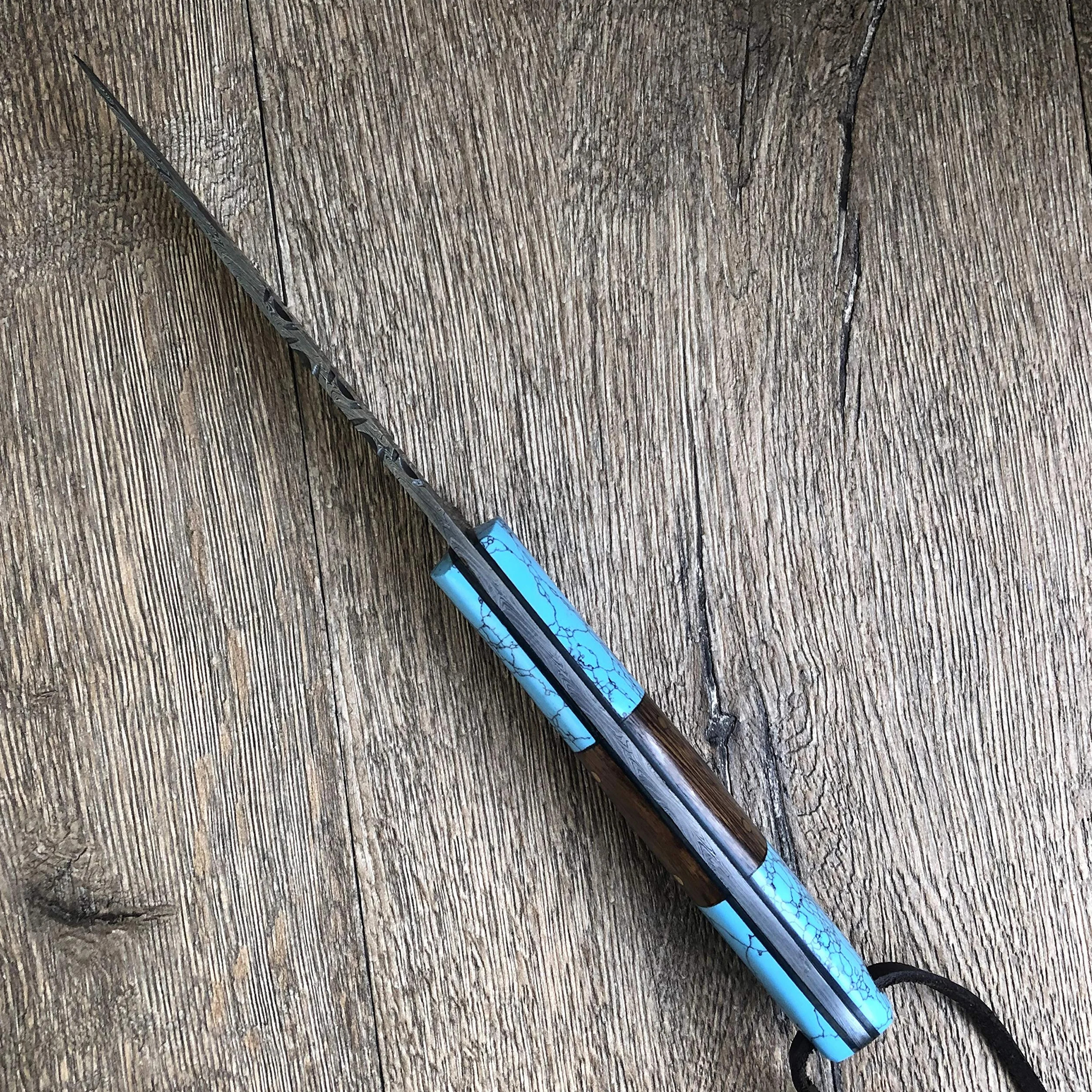Hobby Hut HH-409, 24,13 cm, coltello damasco in acciaio fatto a mano, coltello da caccia con fodero in pelle, manico in legno e turchese, coltello damascato, coltello da caccia completo, lama fissa