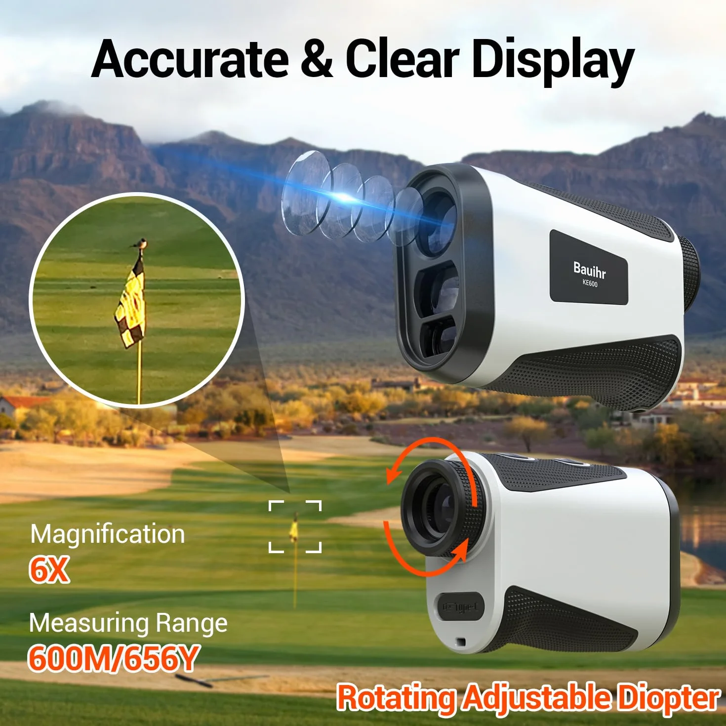 Bauihr Telemetro Golf da 656 iarde, con compensazione dell'obliquità, ingrandimento 6X, blocco della bandierina e vibrazione, misurazione della distanza, precisione professionale per i golfisti