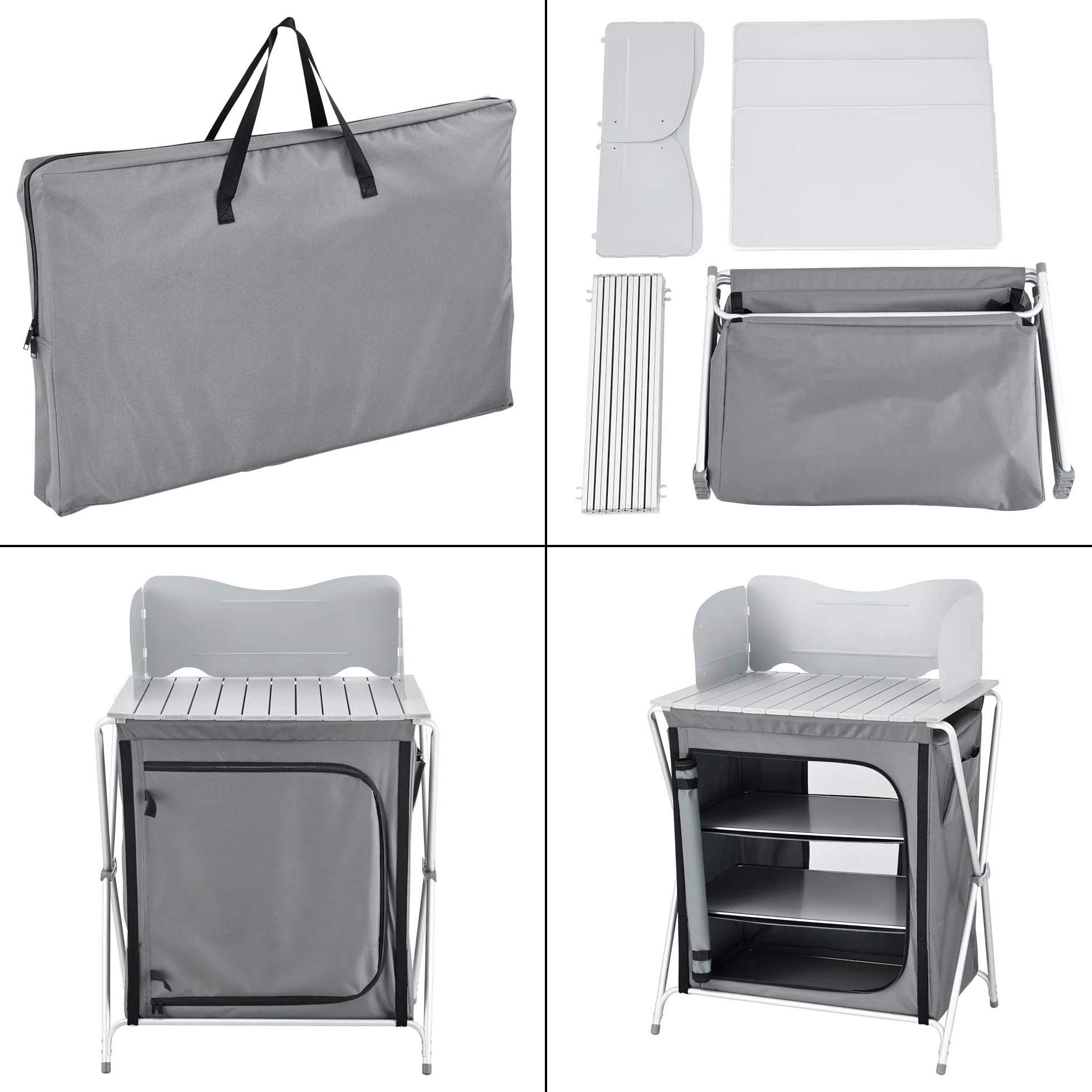 Mobile Portatile da Campeggio Credenza Cucina Pieghevole con Ripiani e Borsa di Trasporto Telaio in Alluminio 110x70x52 cm Grigio Scuro