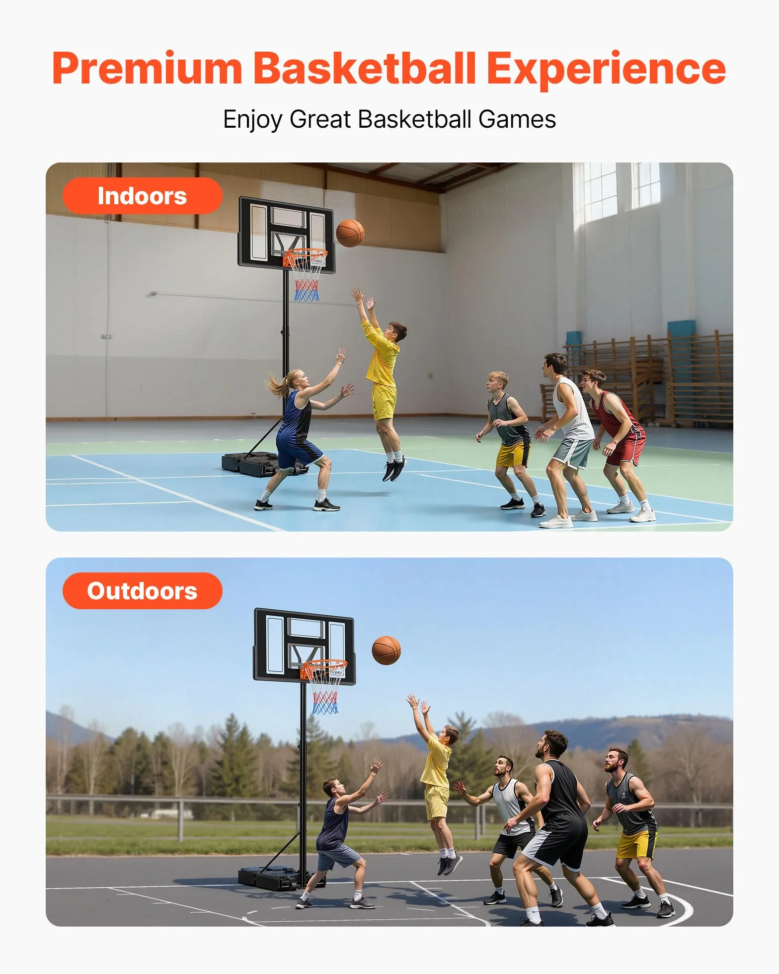 VEVOR Canestro da Basket da Esterno Regolabile in Altezza 3,05 m con Tabellone in PC 1117,6 mm e Ruote