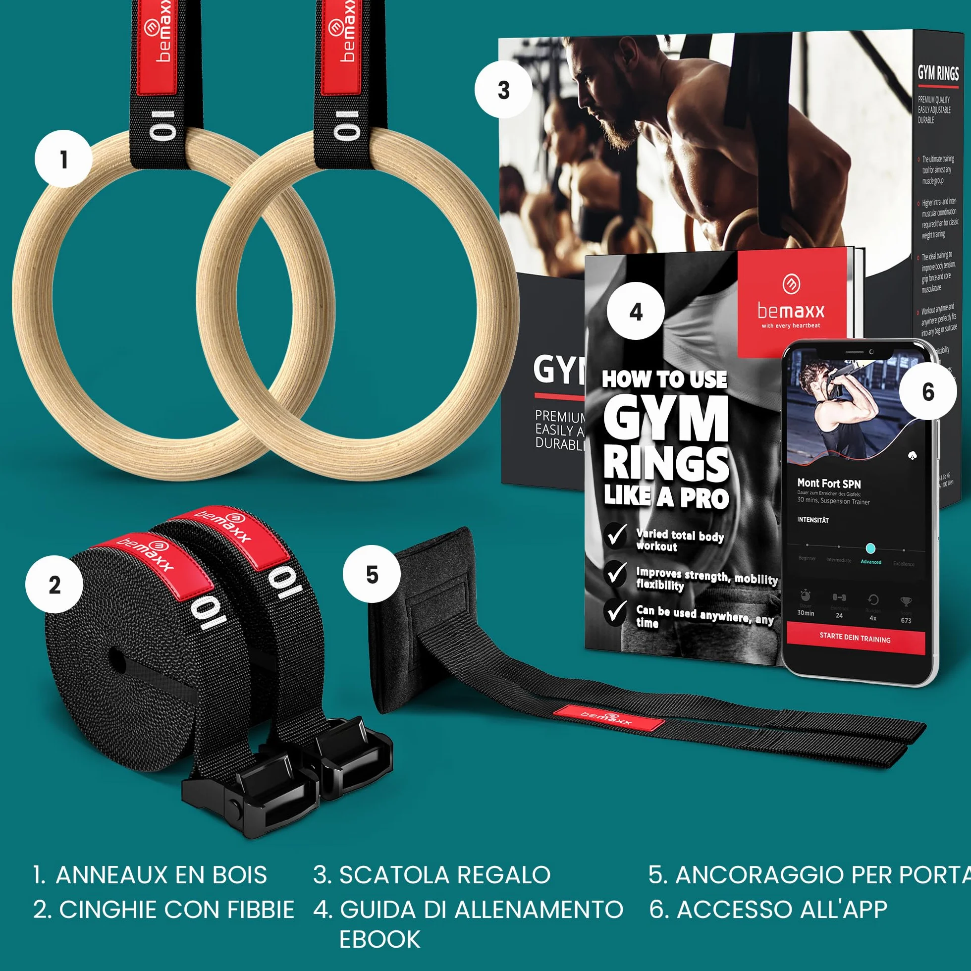 Anelli Ginnastica Legno con Ancoraggio da porta Regolabili Cinghie Calisthenics Gym Rings