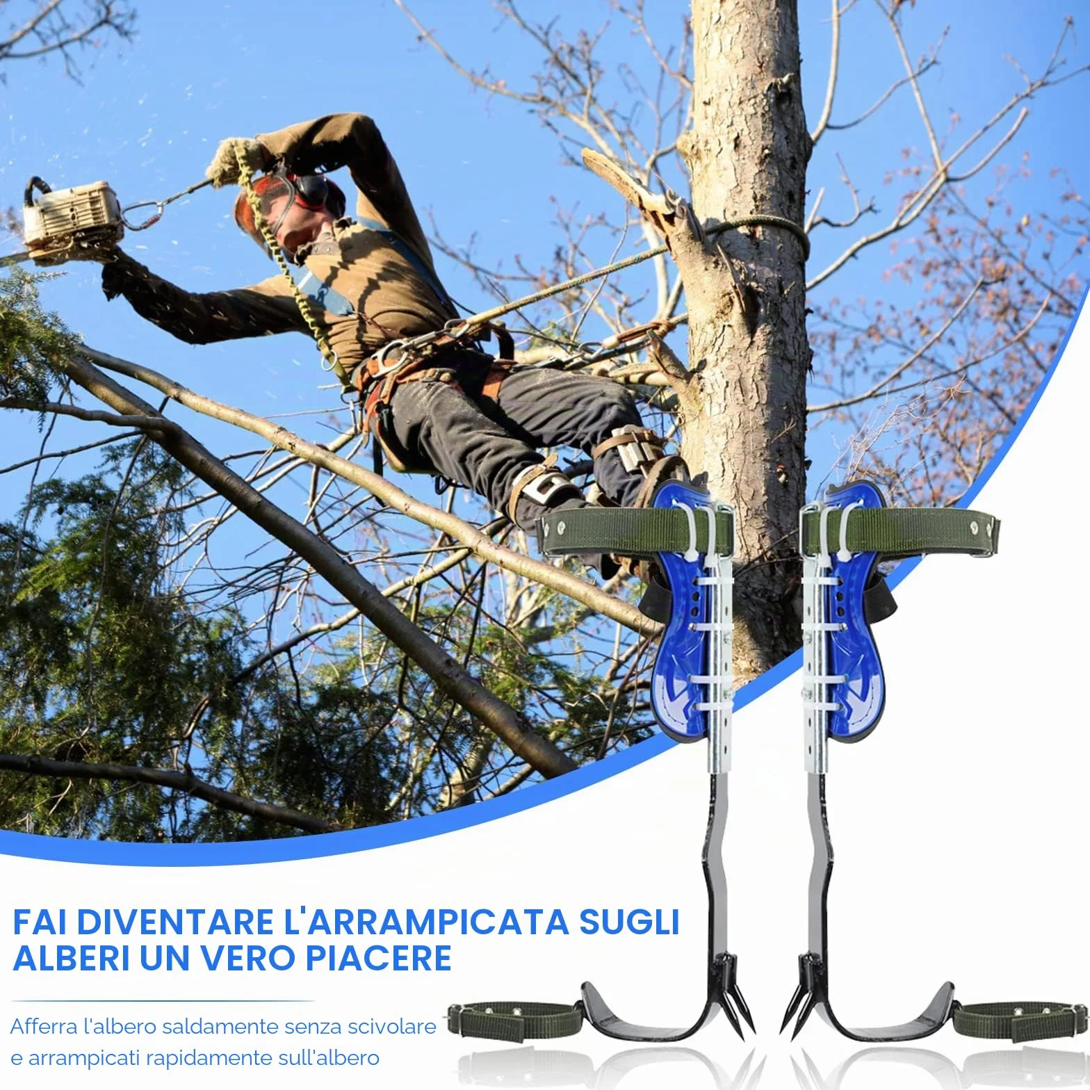 Set ramponi da arrampicata su alberi con imbracatura sicurezza 5 punti corpo