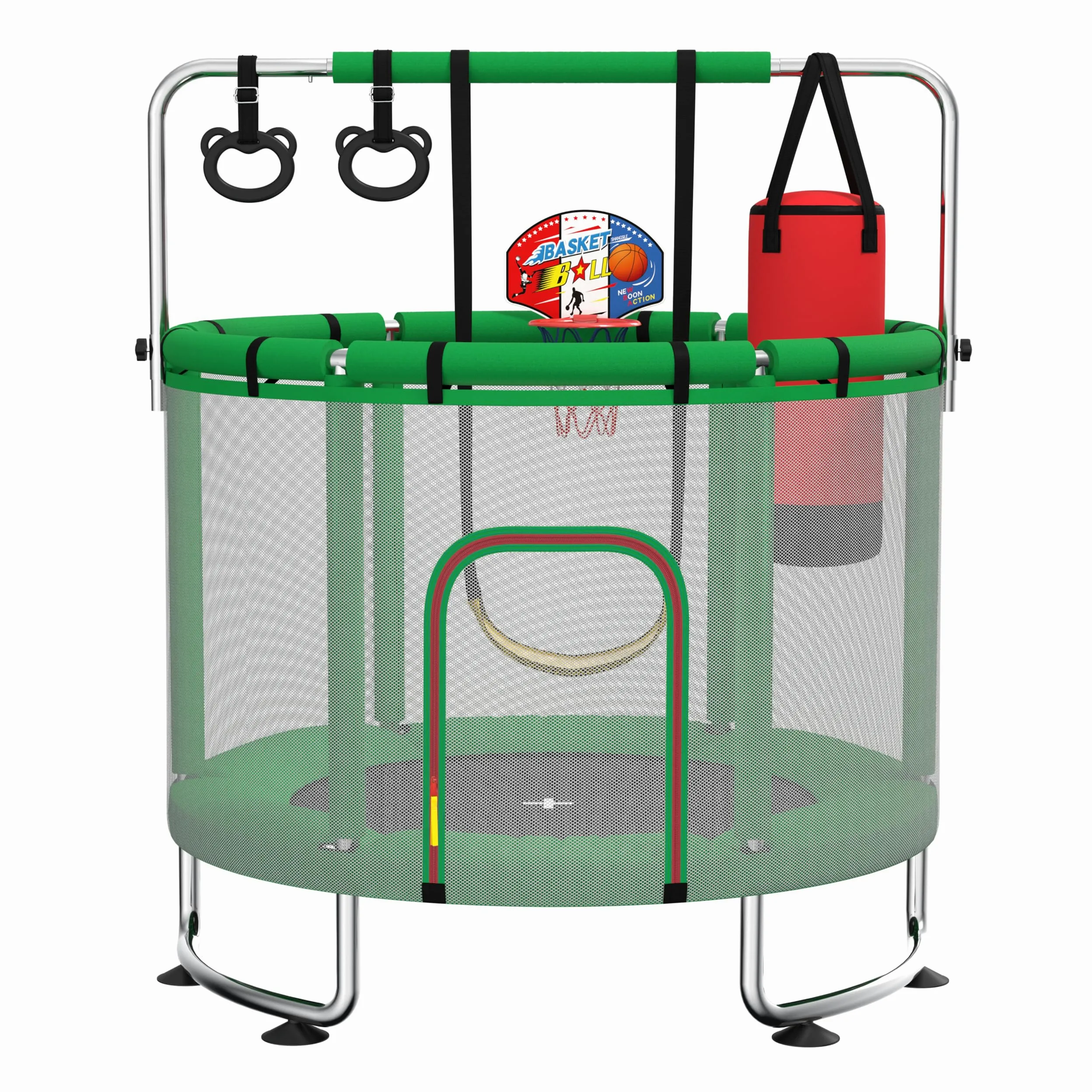 Trampolino per bambini da 140 cm per interni/esterni, capacità di carico 50 kg, con rete di sicurezza, barra da ginnastica regolabile e canestro da basket, regalo per bambini e bambine