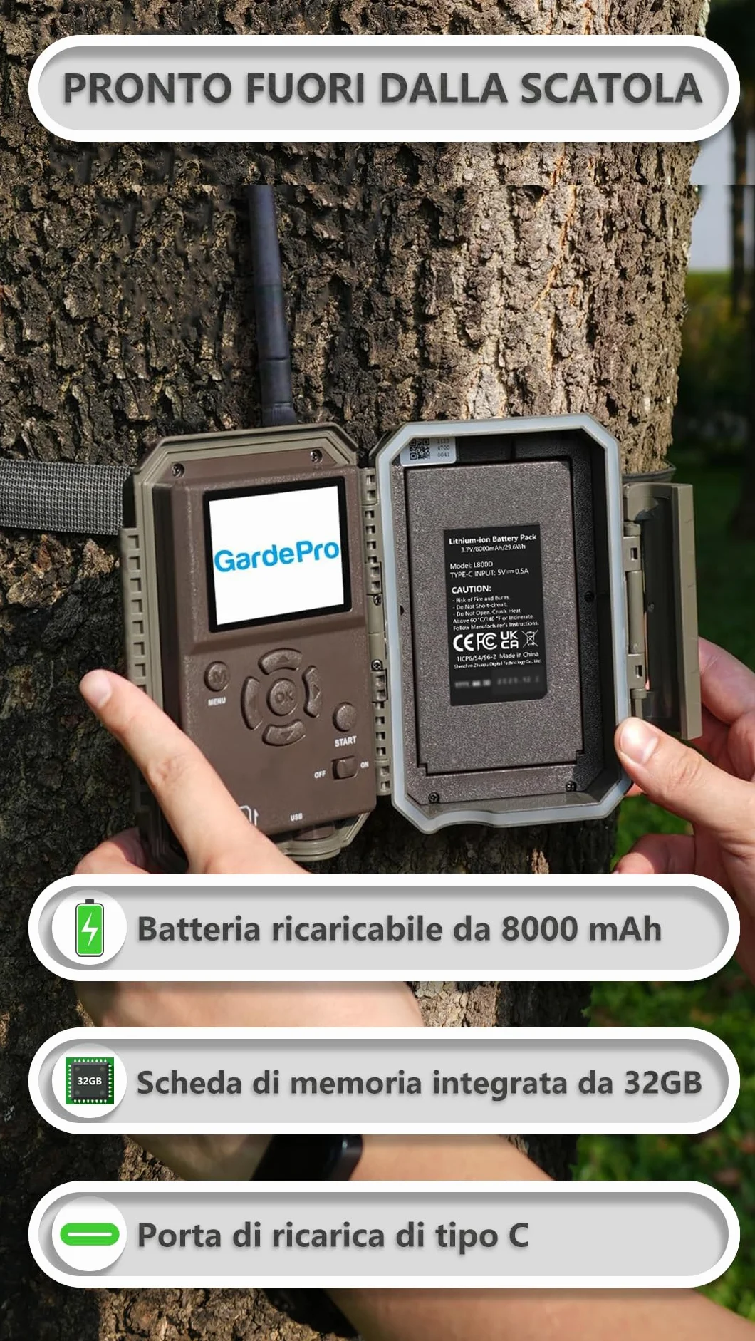 GardePro E8P Max Fotocamera da Caccia WIFI 8000mAh 64MP 1296P Visione Notturna
