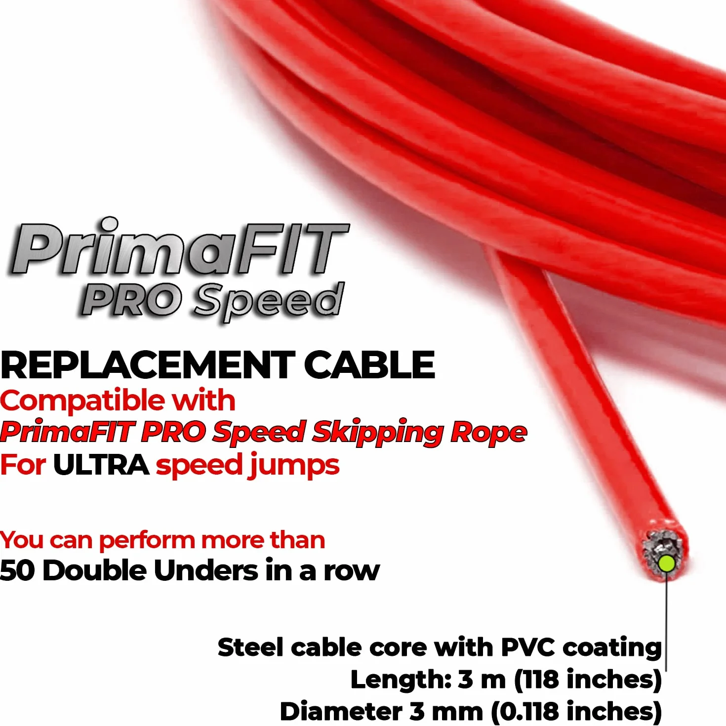 PrimaFit Pro Speed cavi di ricambio per corda per saltare set 2 fili acciaio inossidabile PVC diametro 3 mm lunghezza 3 m