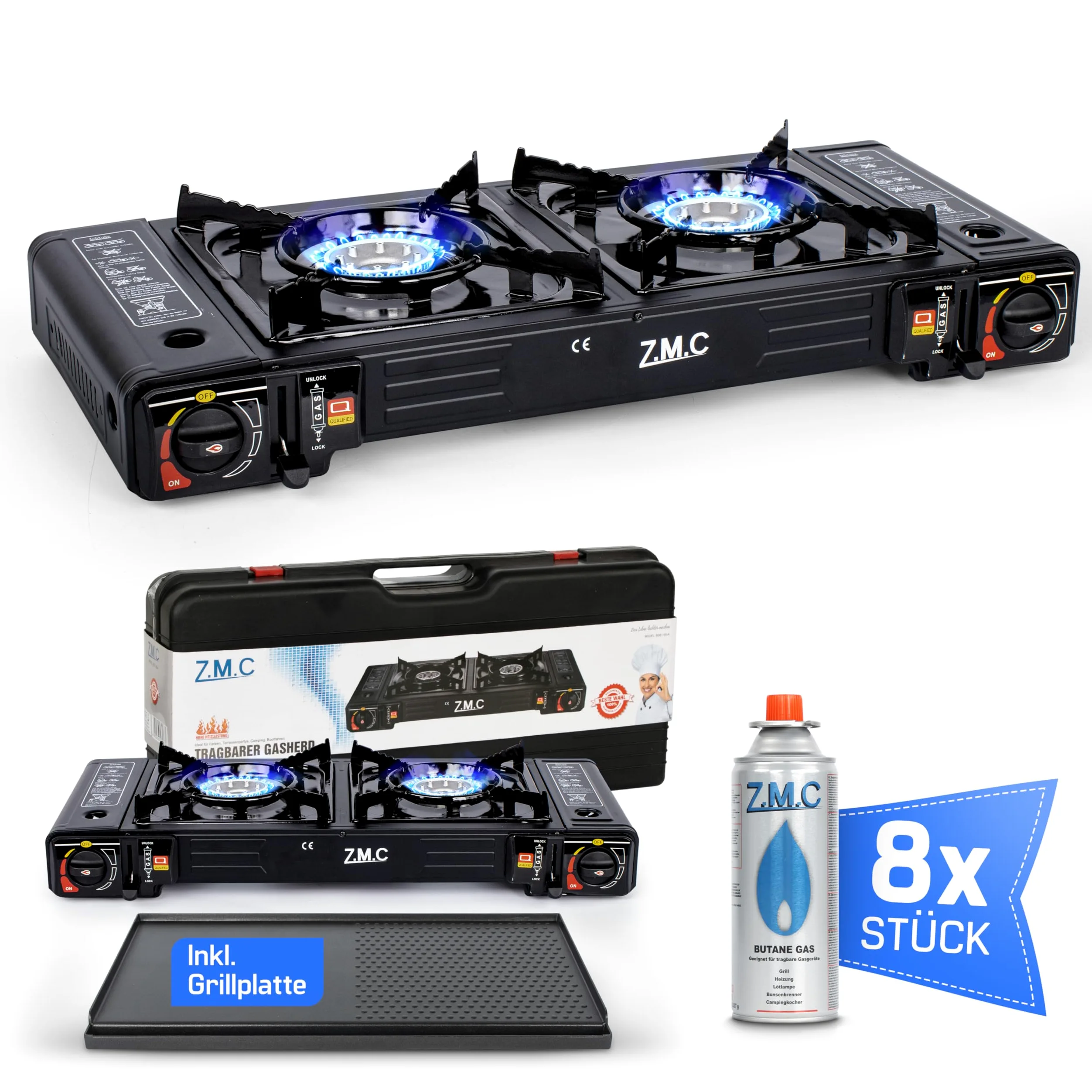 Z.M.C ZMC - Fornello a gas da campeggio, a 2 luci, con adattatore per connettore LPG + piastra 45 x 24 cm + 8 cartucce di gas da 227 g, fornello da campeggio con accensione piezoelettrica
